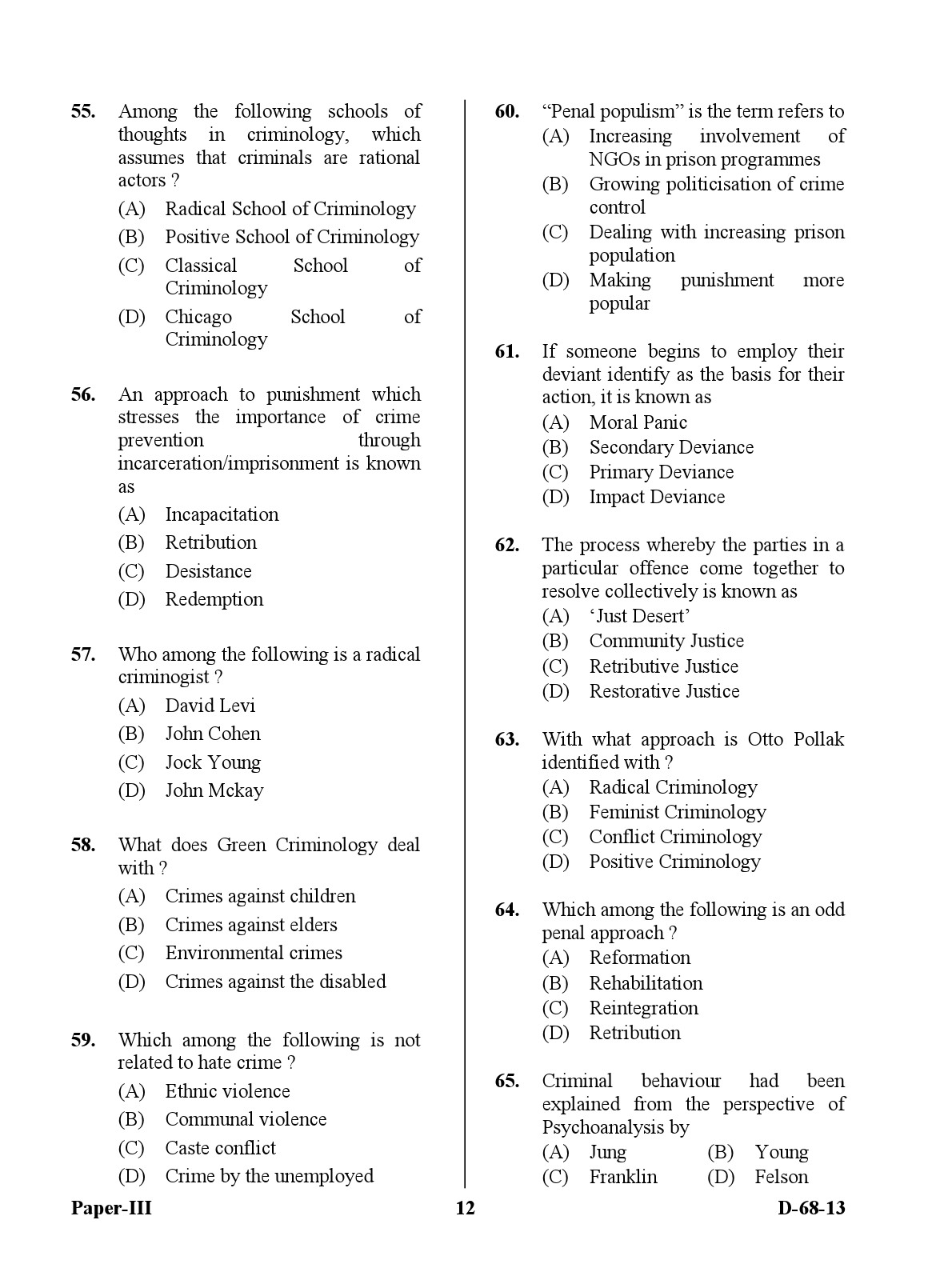 UGC NET Criminology Question Paper III December 2013 12