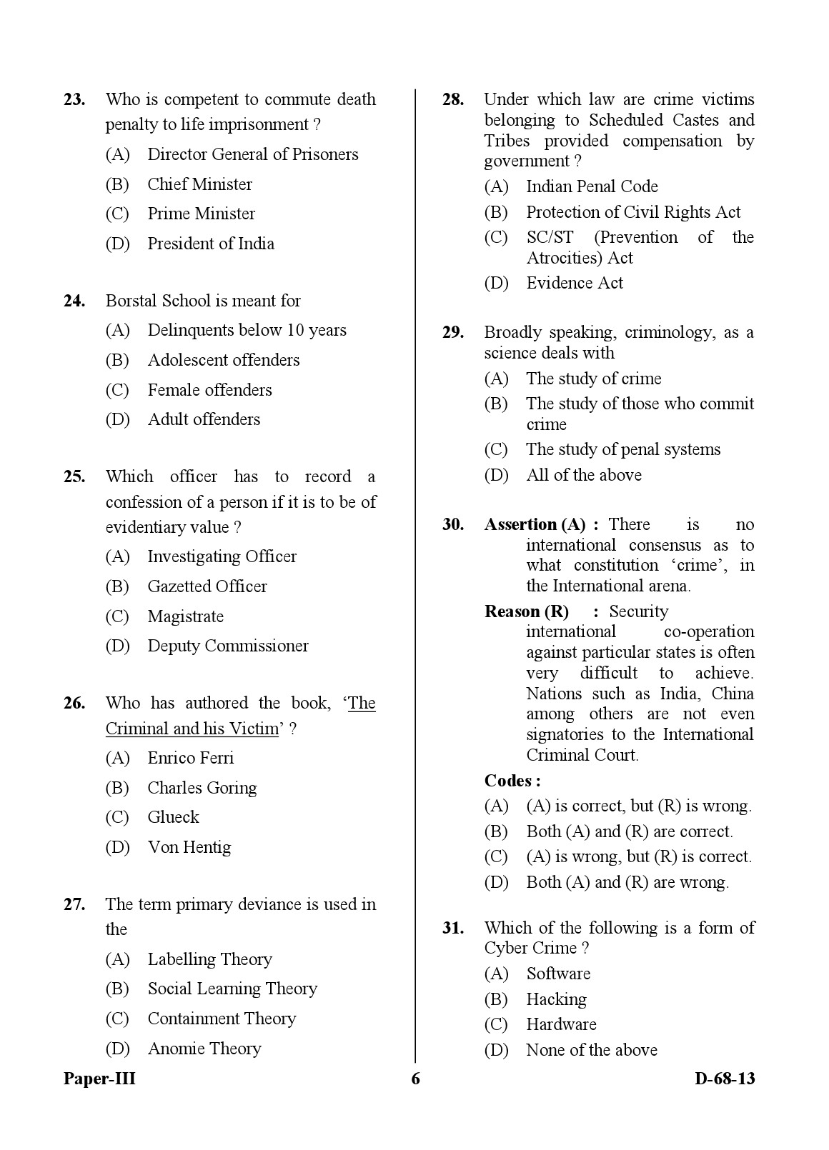 UGC NET Criminology Question Paper III December 2013 6