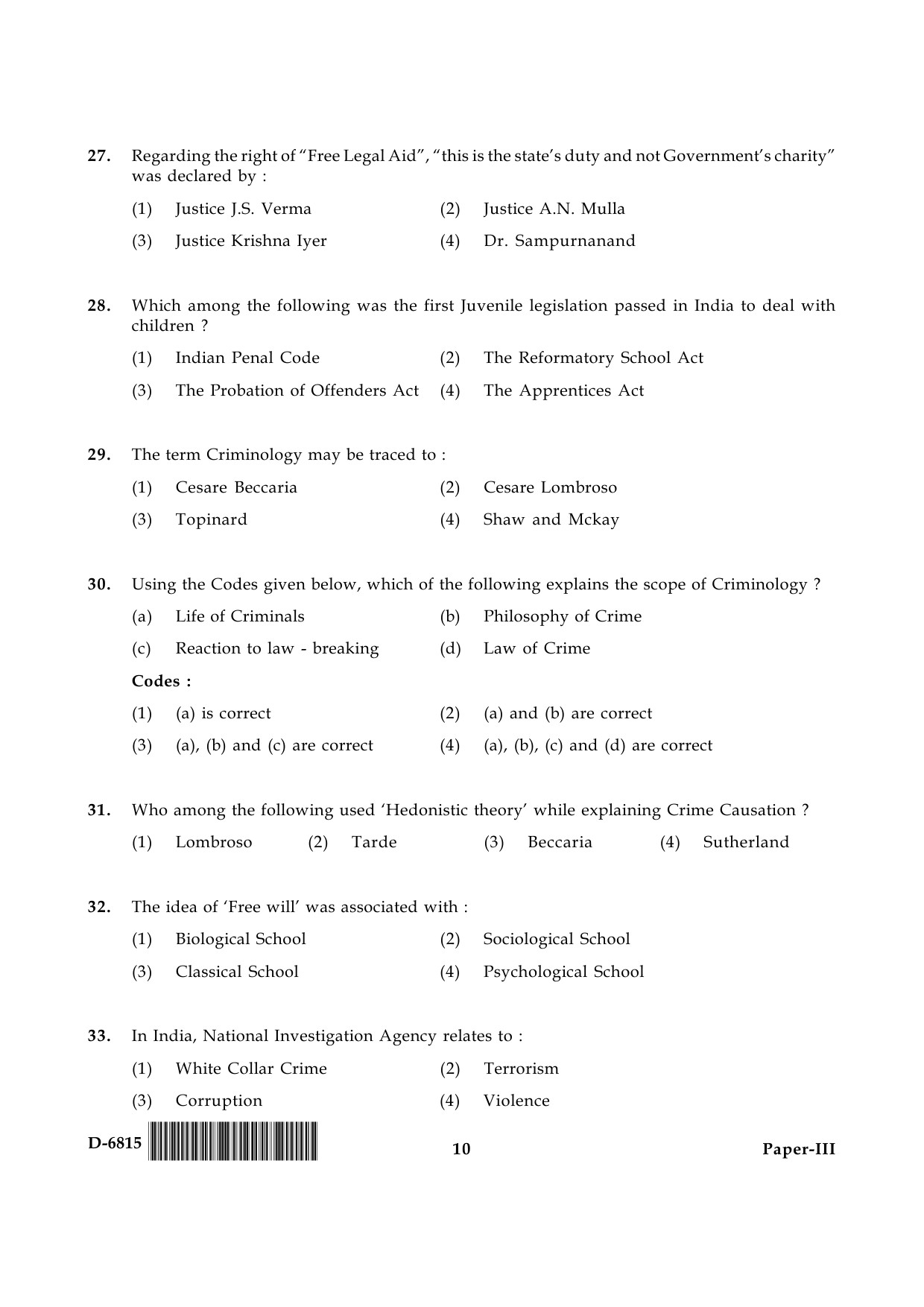 UGC NET Criminology Question Paper III December 2015 10