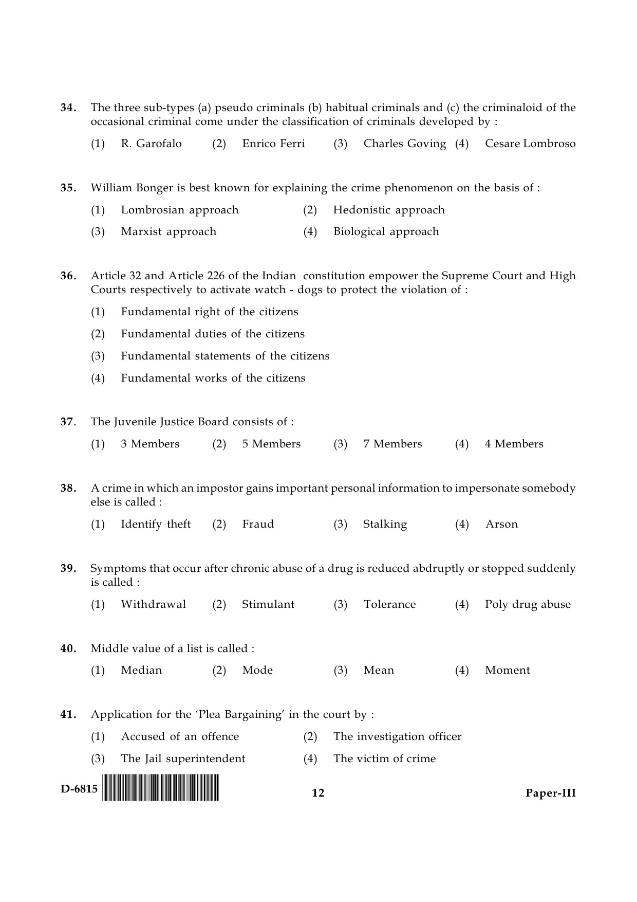 UGC NET Criminology Question Paper III December 2015 12