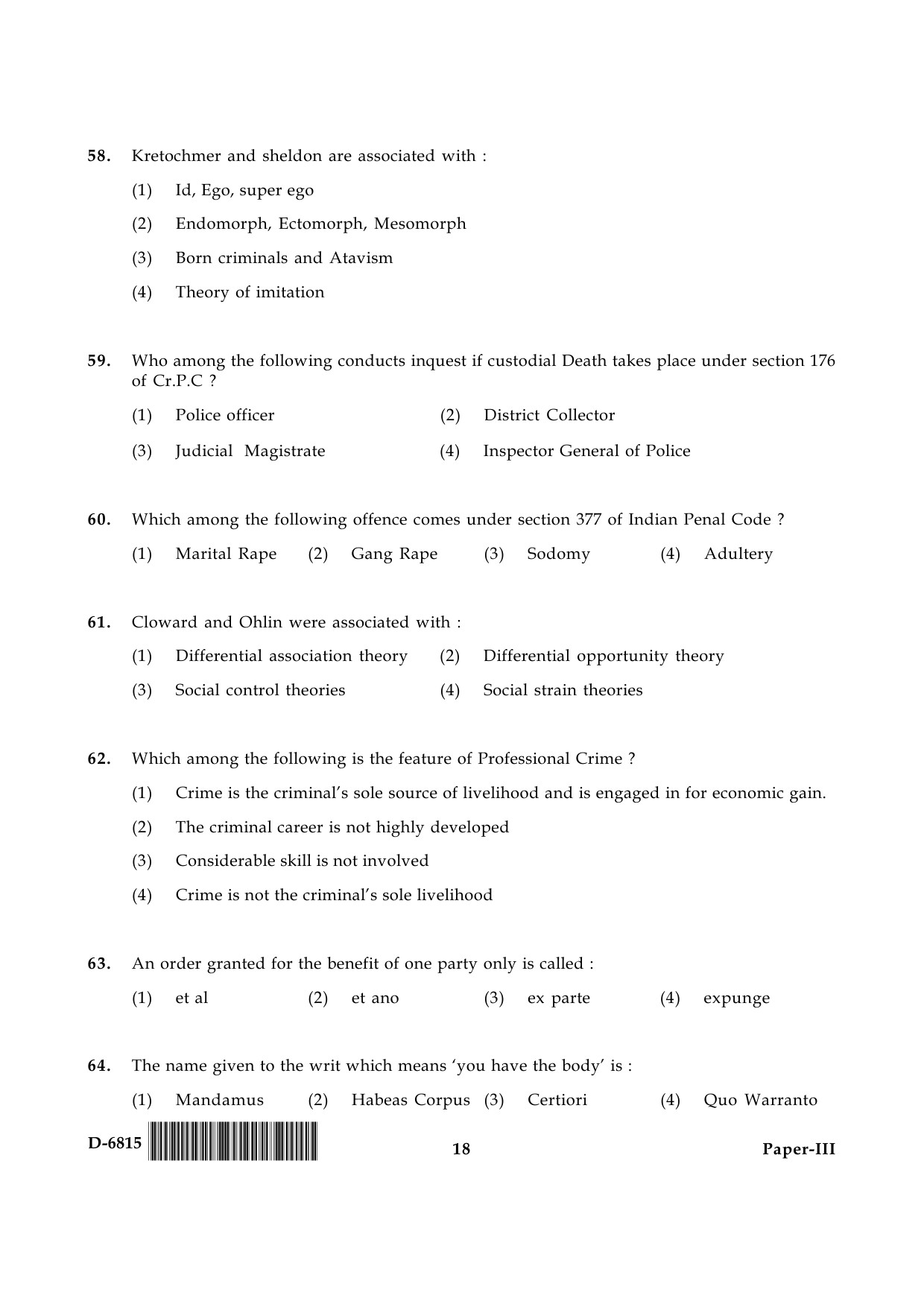 UGC NET Criminology Question Paper III December 2015 18