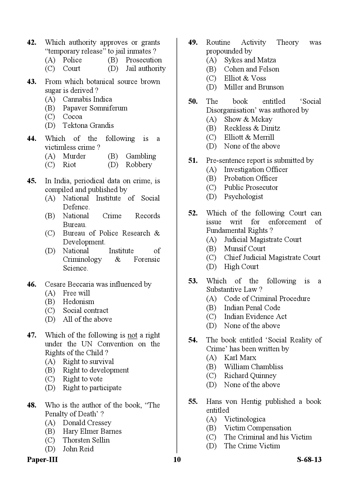 UGC NET Criminology Question Paper III Exam September 2013 10