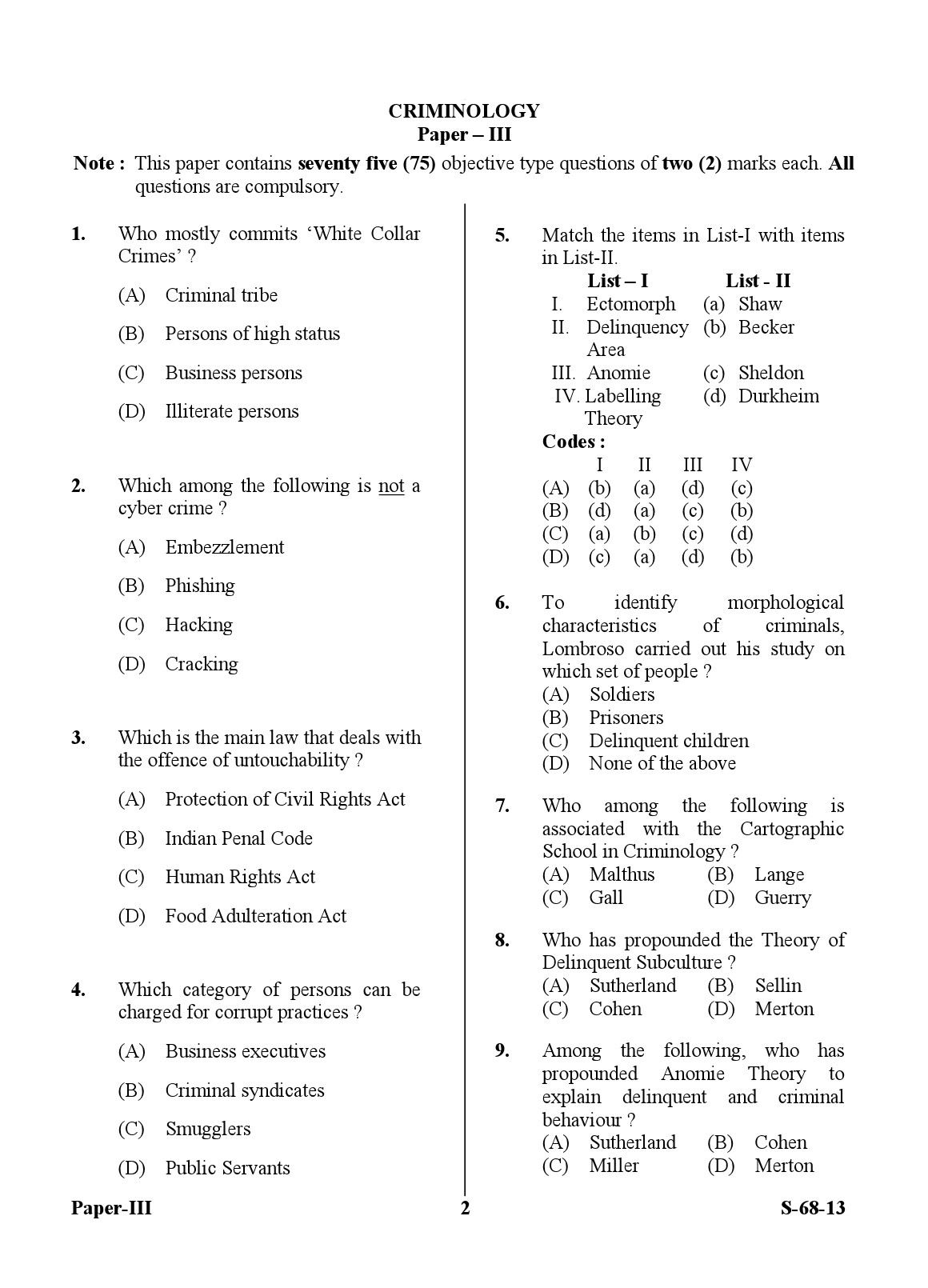 UGC NET Criminology Question Paper III Exam September 2013 2