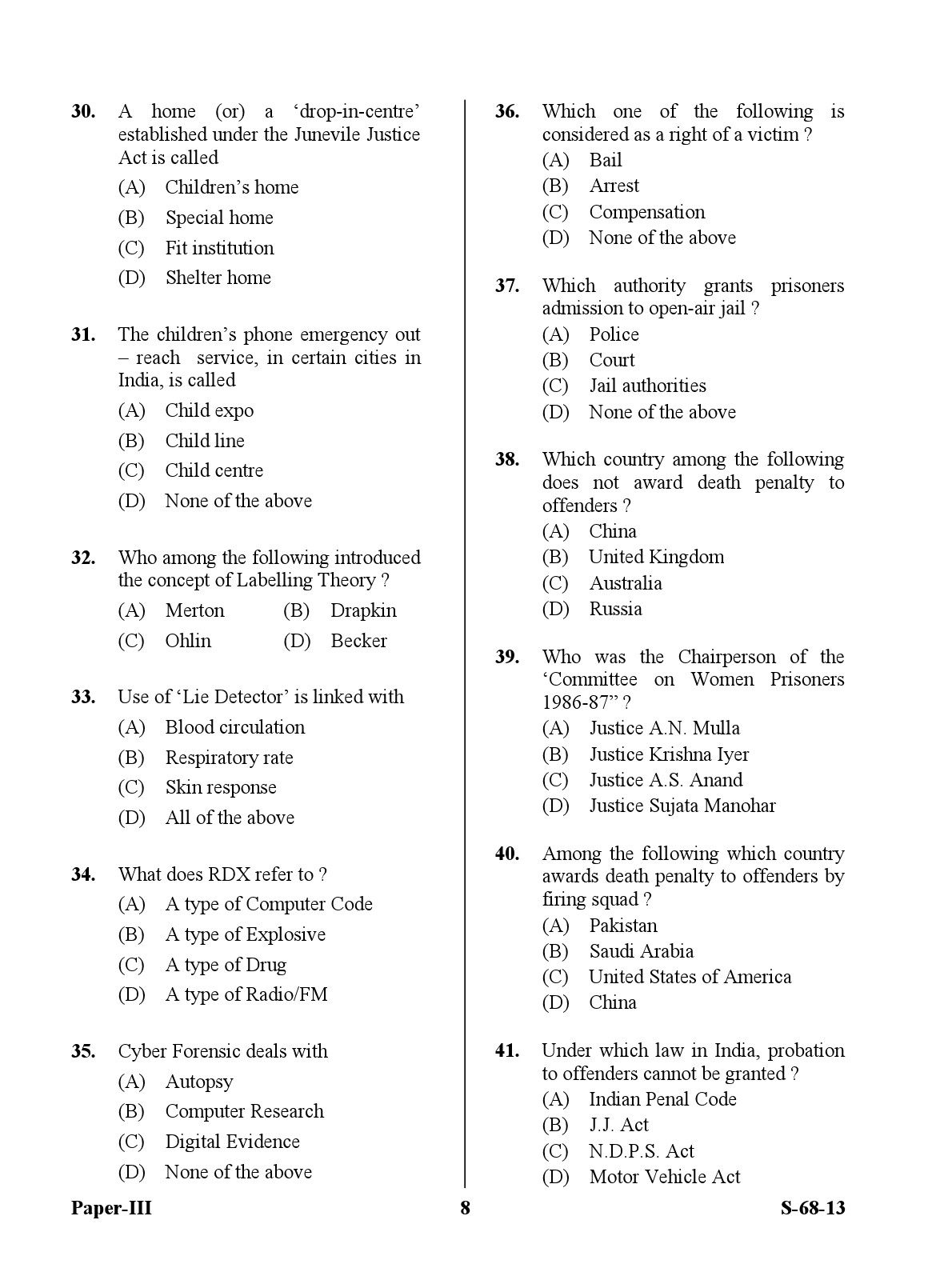 UGC NET Criminology Question Paper III Exam September 2013 8