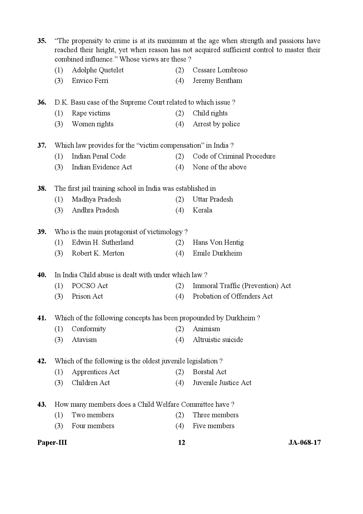 UGC NET Criminology Question Paper III January 2017 12