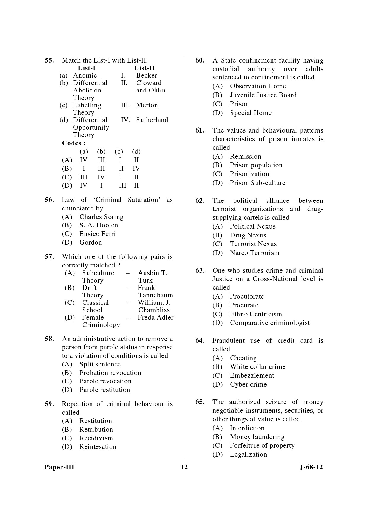 UGC NET Criminology Question Paper III June 2012 12