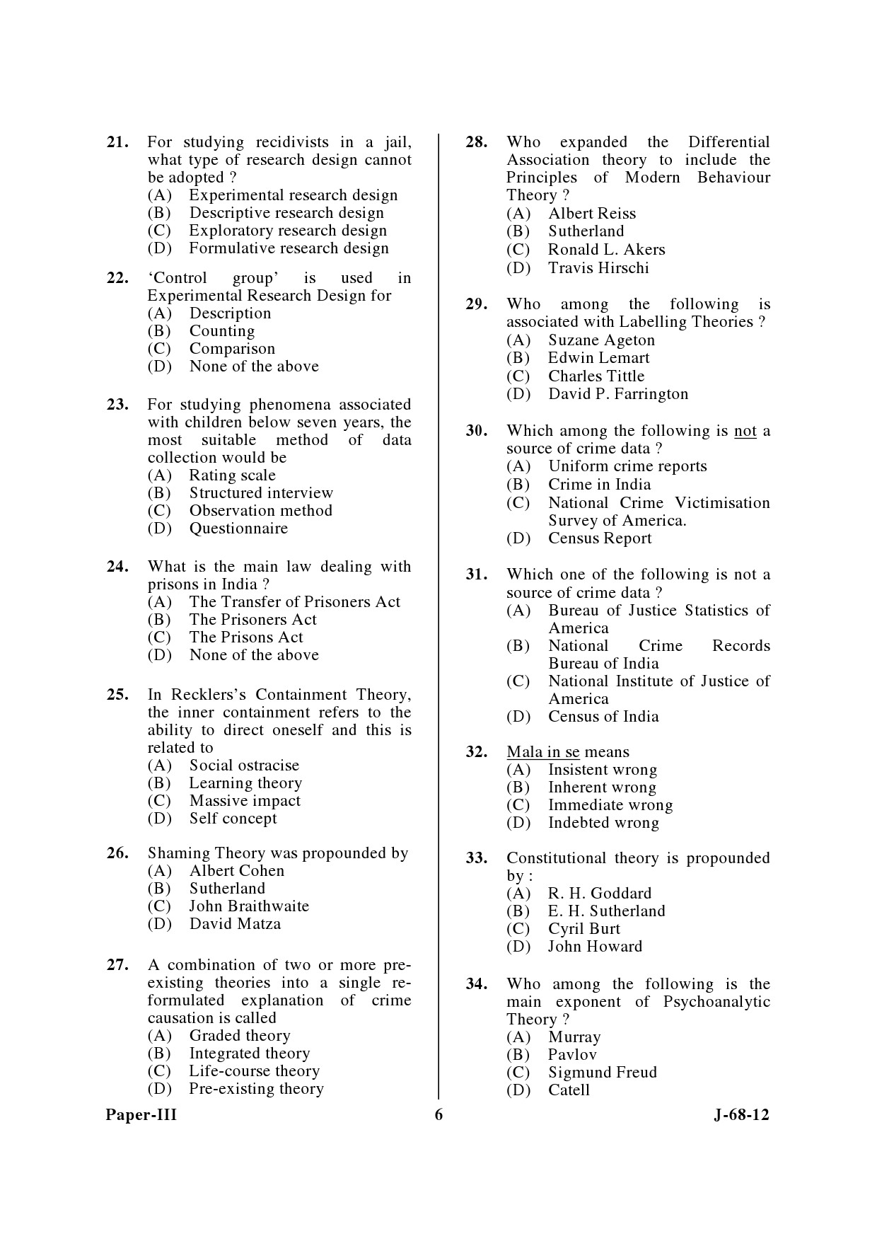 UGC NET Criminology Question Paper III June 2012 6