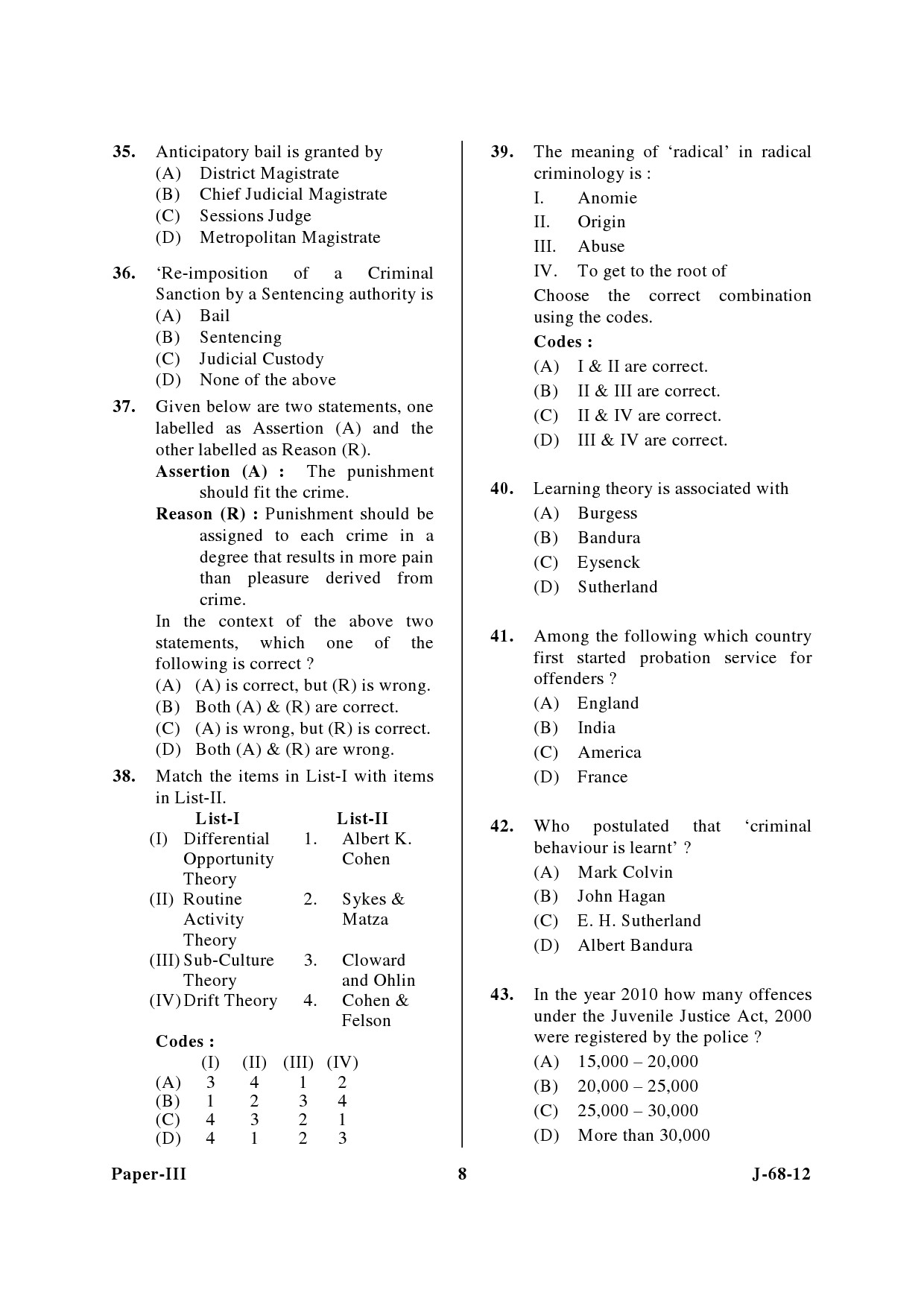 UGC NET Criminology Question Paper III June 2012 8