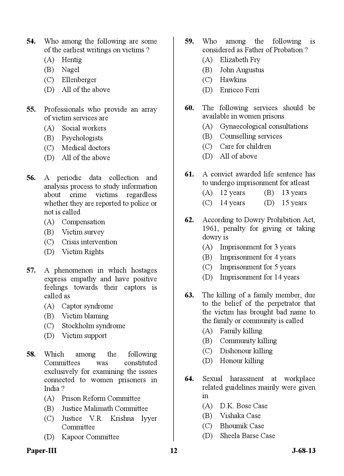 UGC NET Criminology Question Paper III June 2013 12