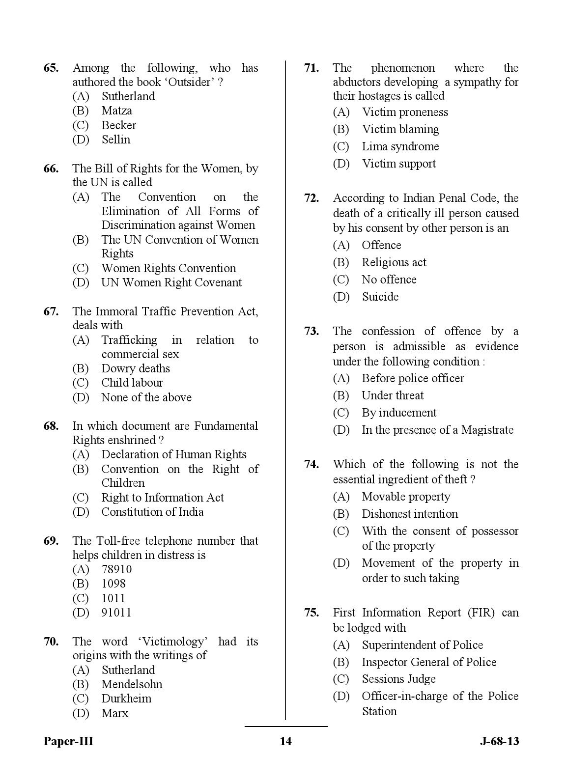 UGC NET Criminology Question Paper III June 2013 14