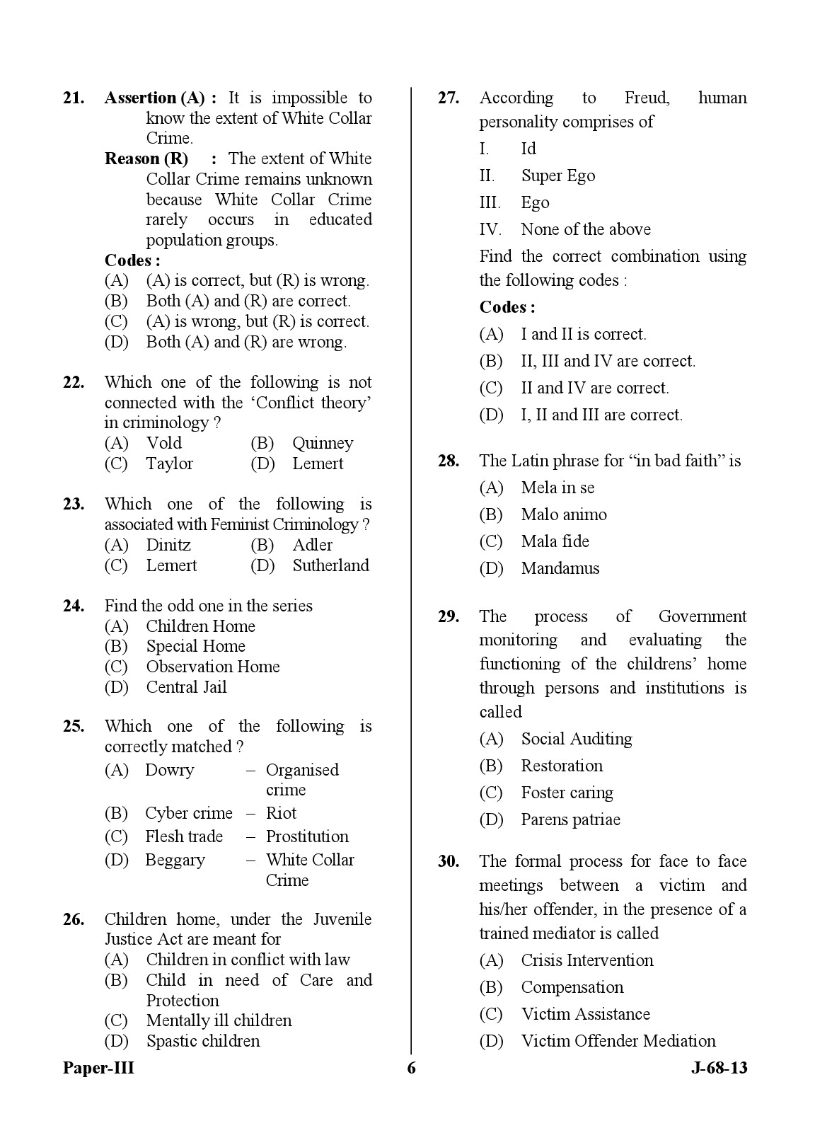 UGC NET Criminology Question Paper III June 2013 6