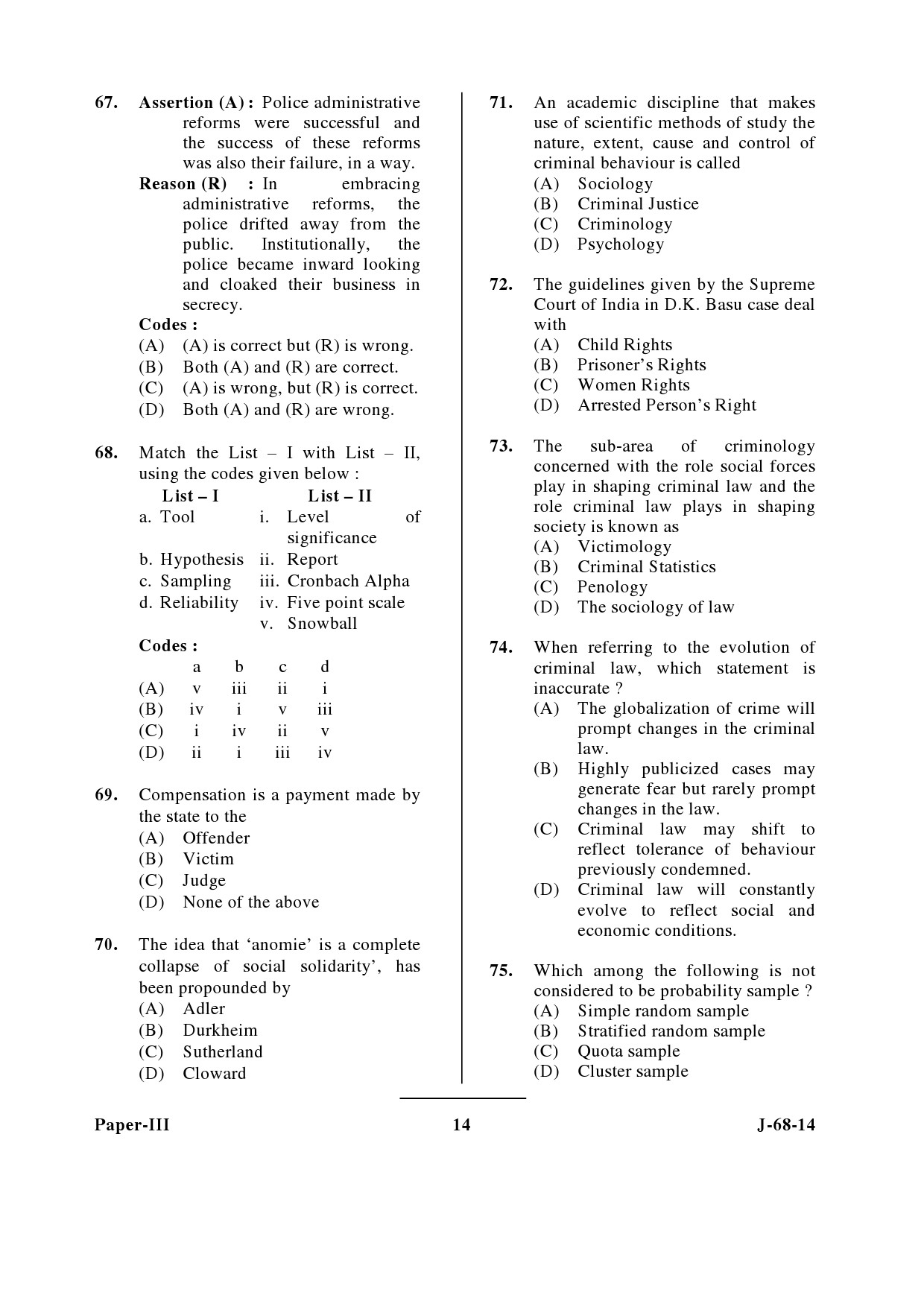 UGC NET Criminology Question Paper III June 2014 14