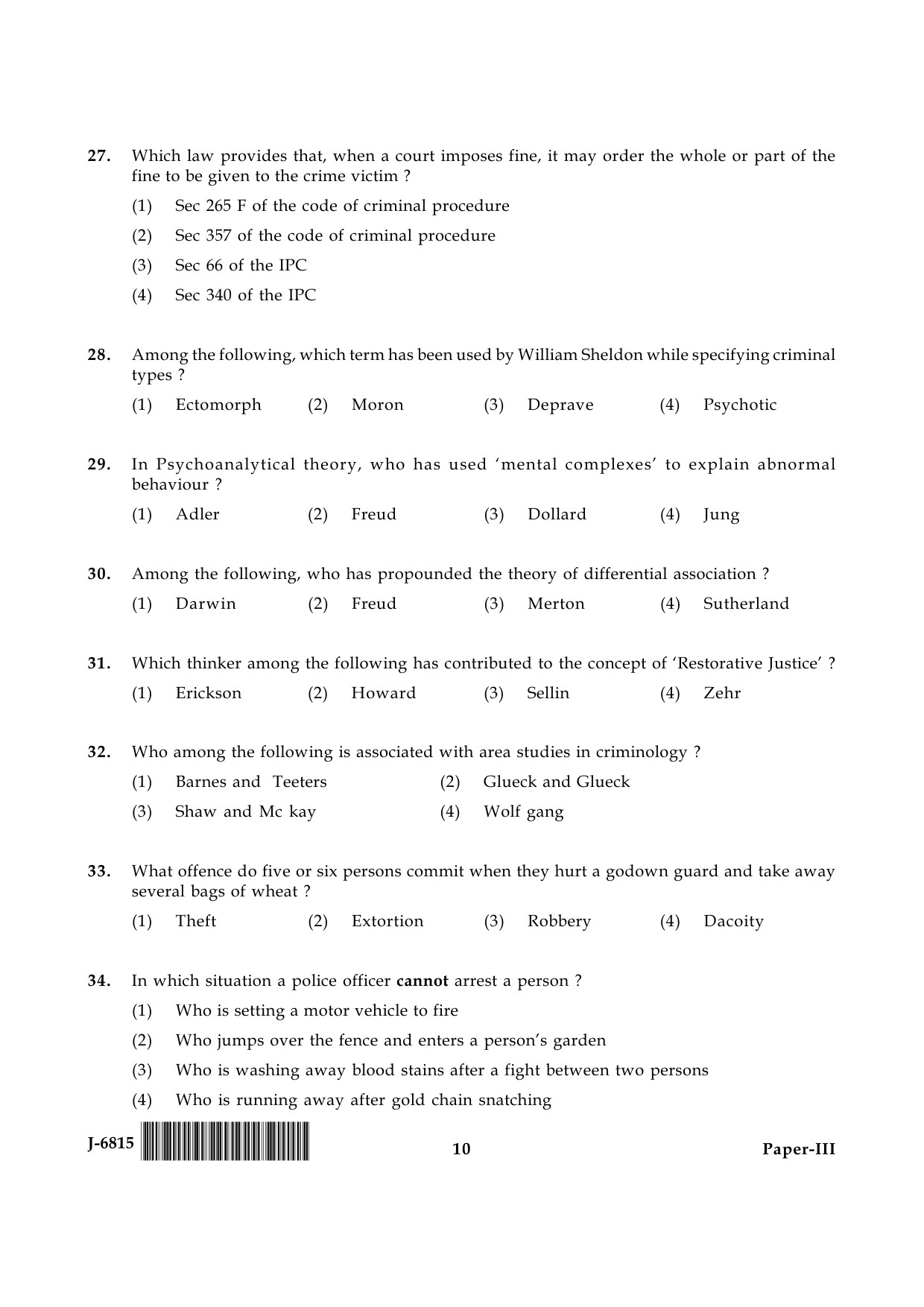 UGC NET Criminology Question Paper III June 2015 10