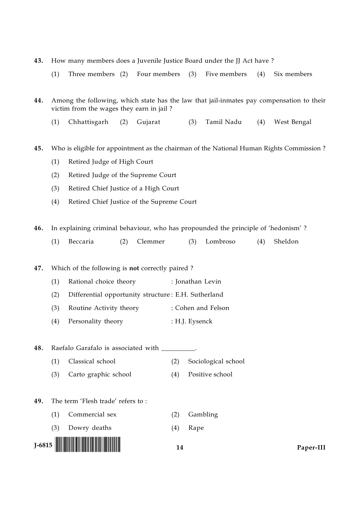 UGC NET Criminology Question Paper III June 2015 14