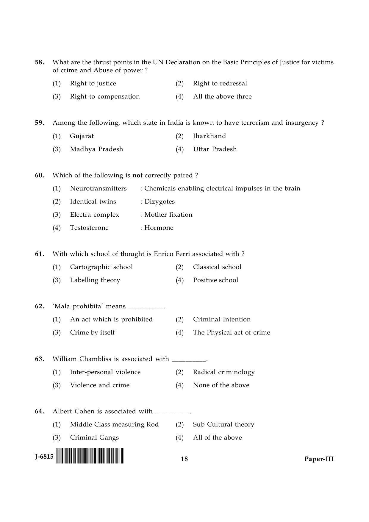 UGC NET Criminology Question Paper III June 2015 18