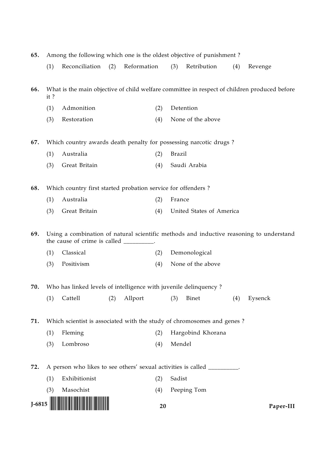 UGC NET Criminology Question Paper III June 2015 20