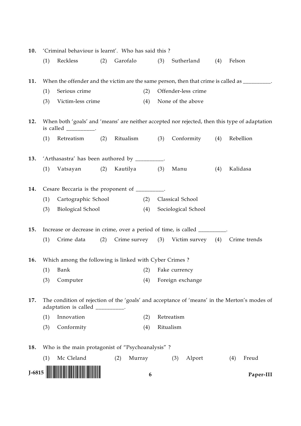 UGC NET Criminology Question Paper III June 2015 6