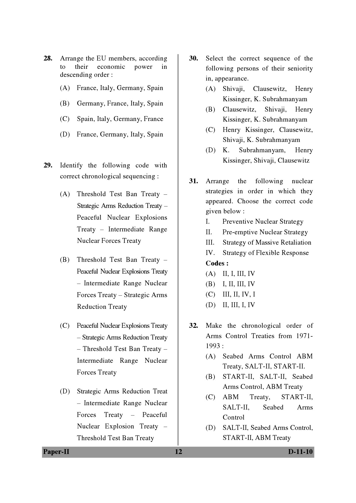 UGC NET Defence and Strategic Studies Question Paper II December 2010 12