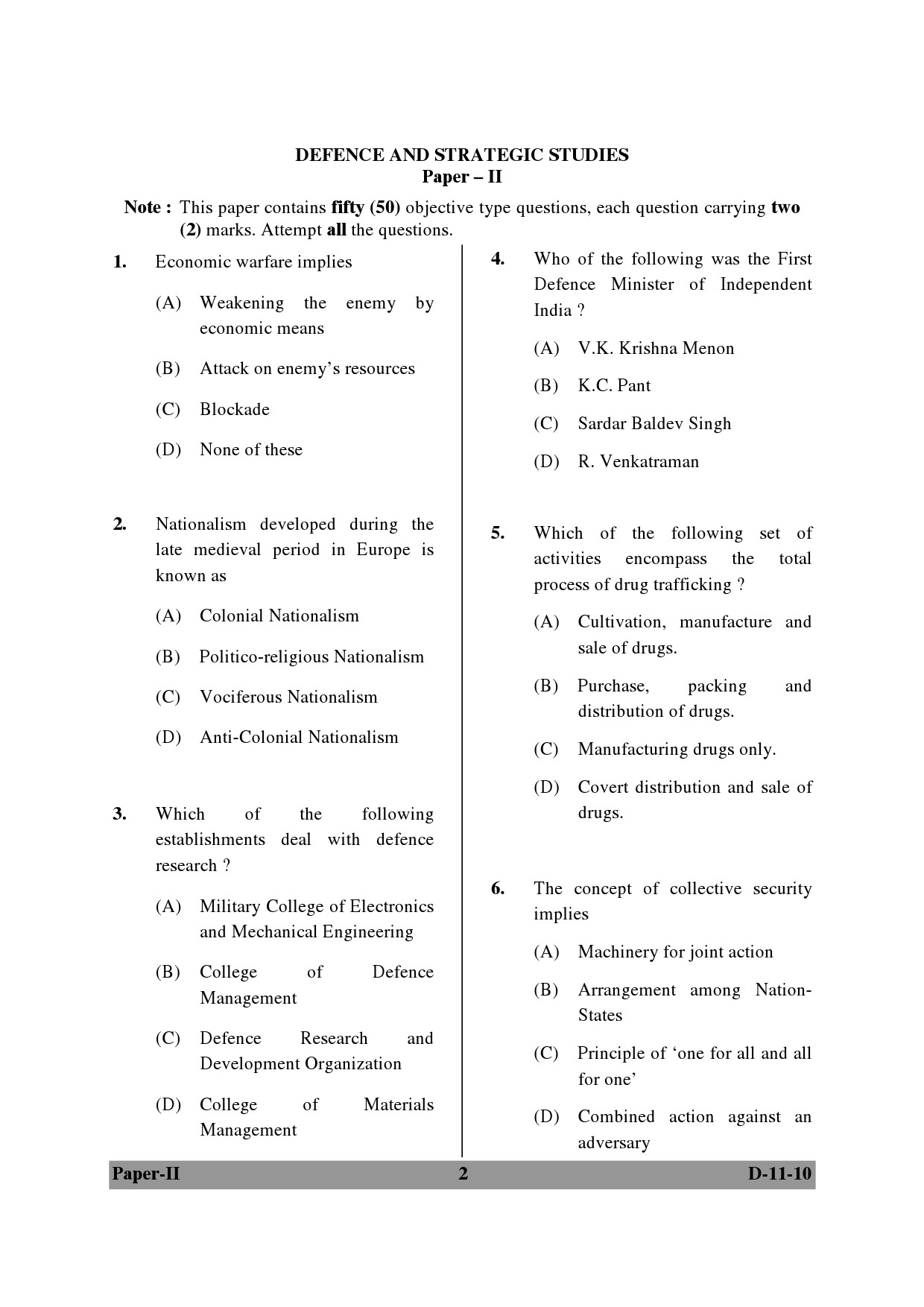 UGC NET Defence and Strategic Studies Question Paper II December 2010 2