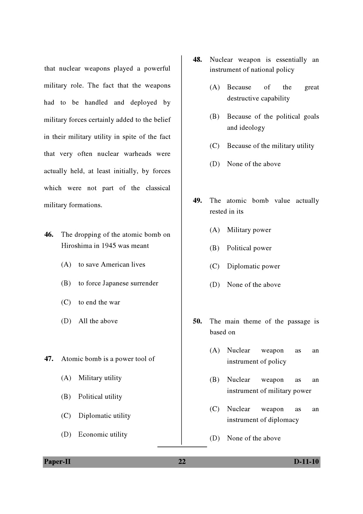 UGC NET Defence and Strategic Studies Question Paper II December 2010 22