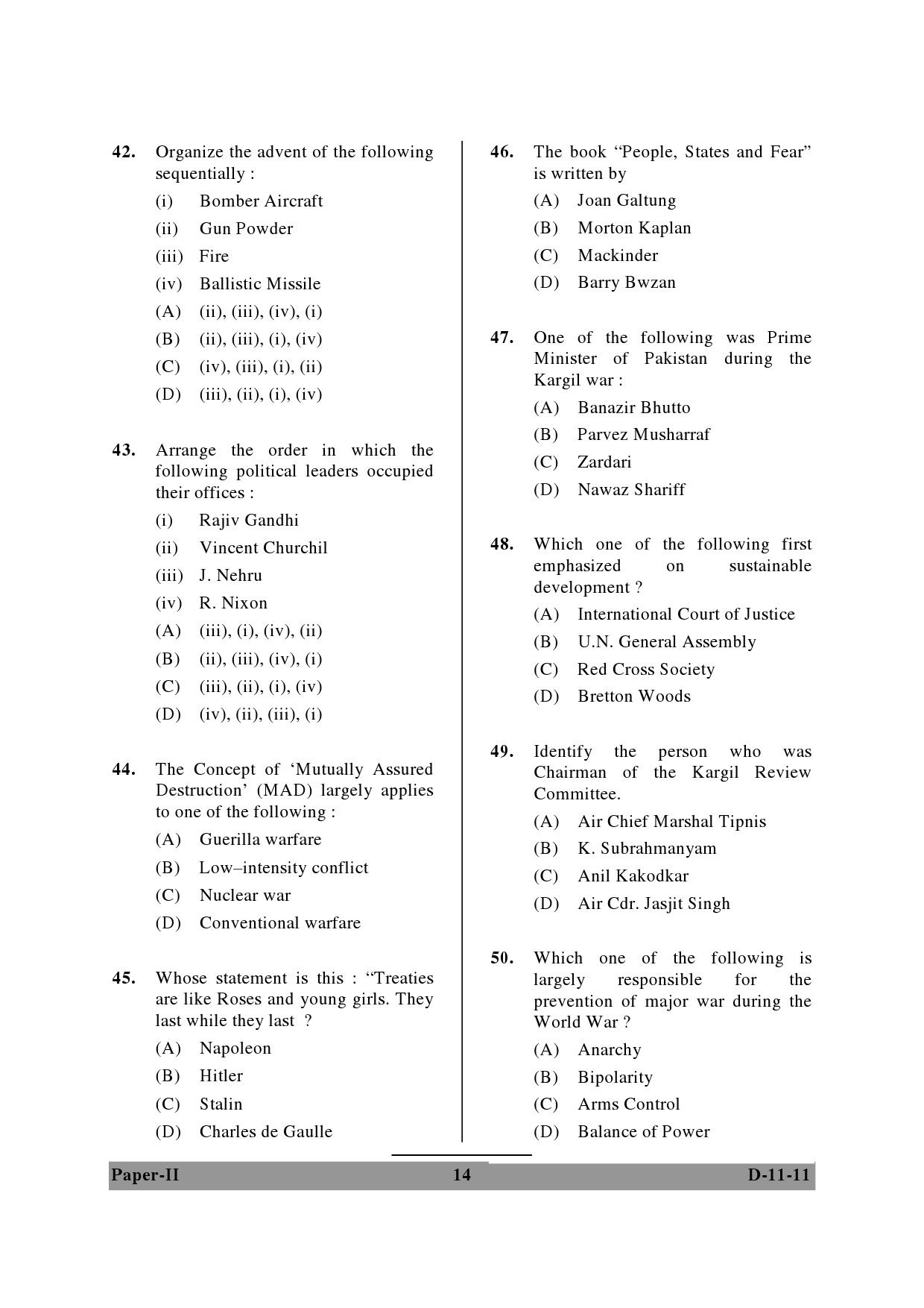 UGC NET Defence and Strategic Studies Question Paper II December 2011 14