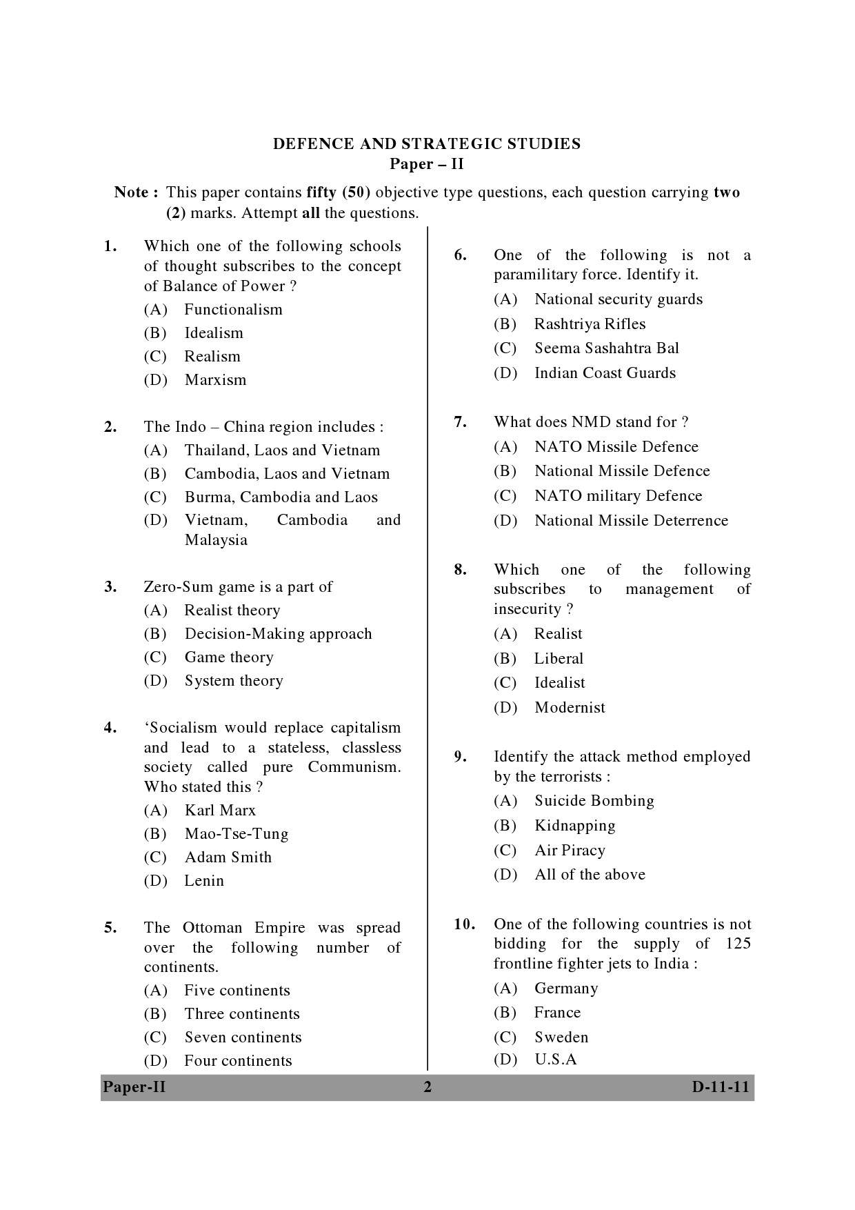 UGC NET Defence and Strategic Studies Question Paper II December 2011 2