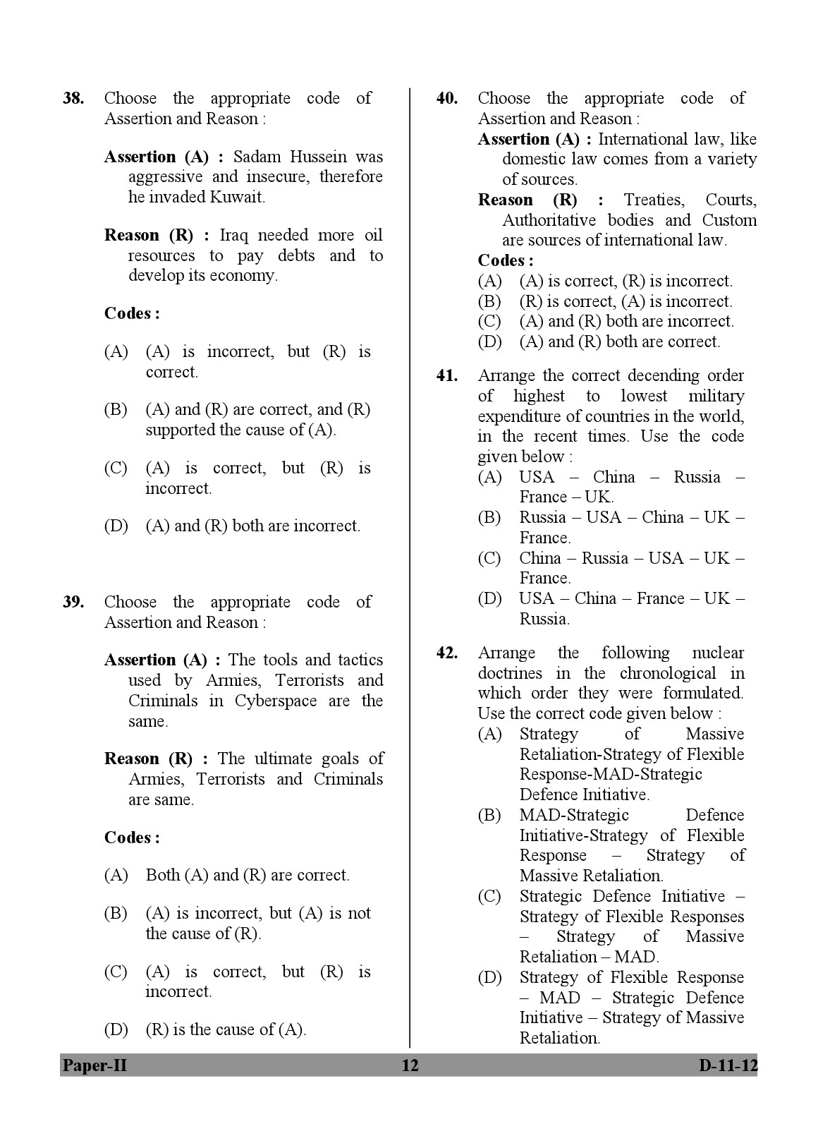 UGC NET Defence and Strategic Studies Question Paper II December 2012 12