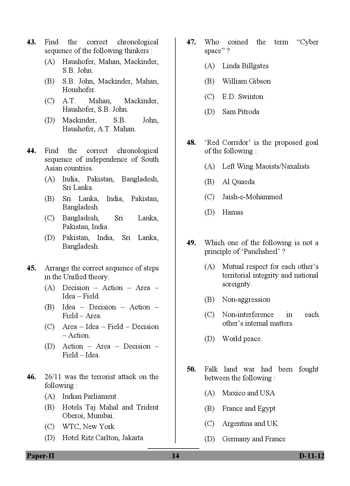 UGC NET Defence and Strategic Studies Question Paper II December 2012 14