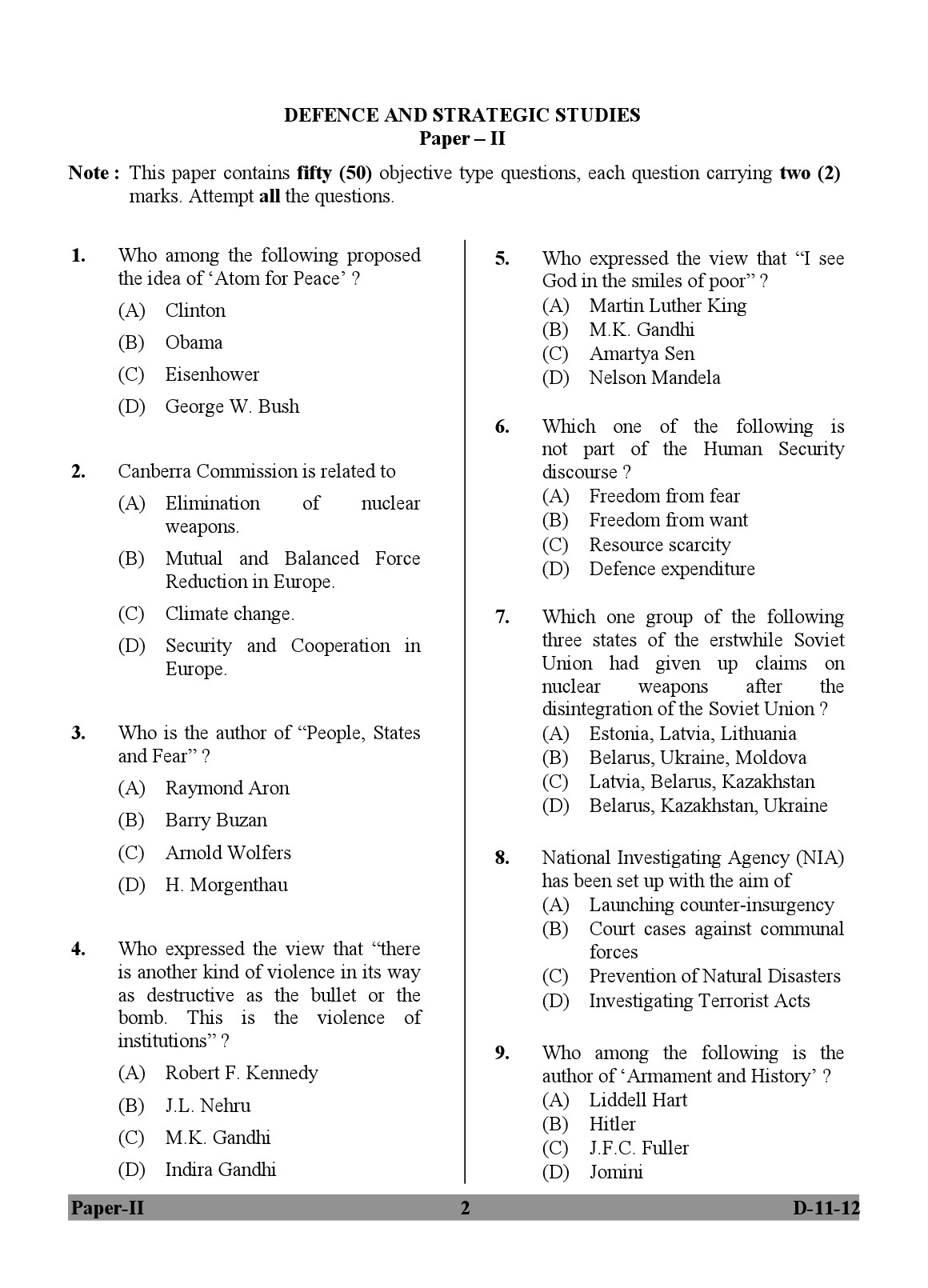 UGC NET Defence and Strategic Studies Question Paper II December 2012 2