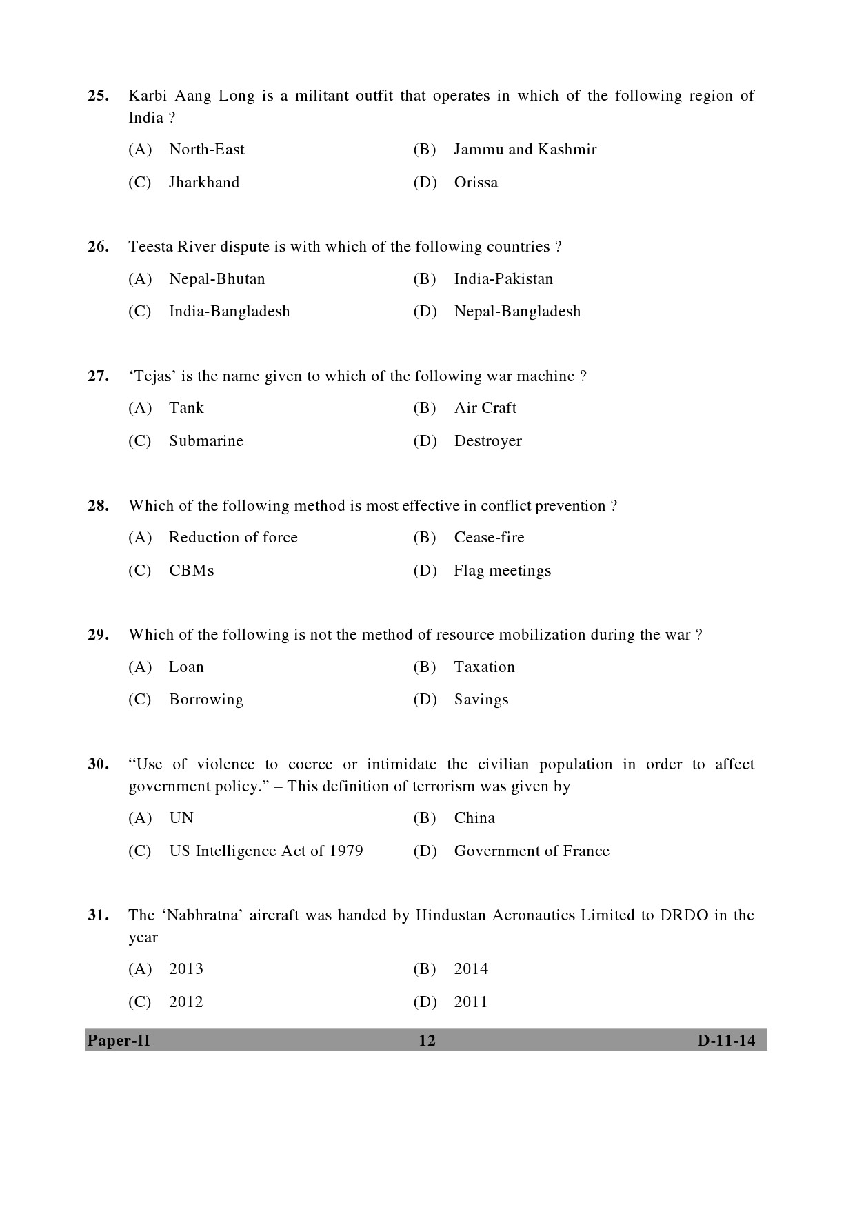 UGC NET Defence and Strategic Studies Question Paper II December 2014 12