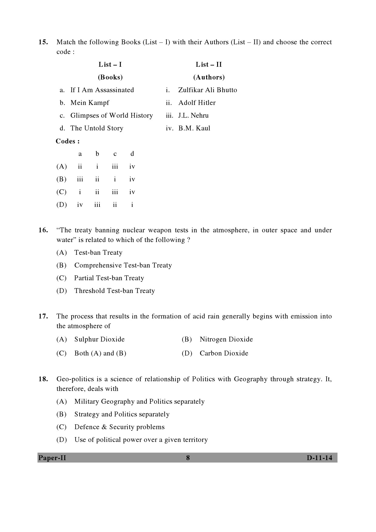 UGC NET Defence and Strategic Studies Question Paper II December 2014 8