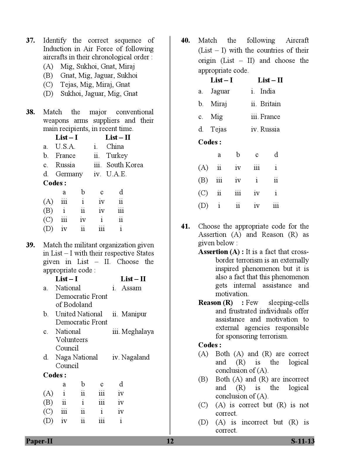 UGC NET Defence and Strategic Studies Question Paper II Exam September 2013 12