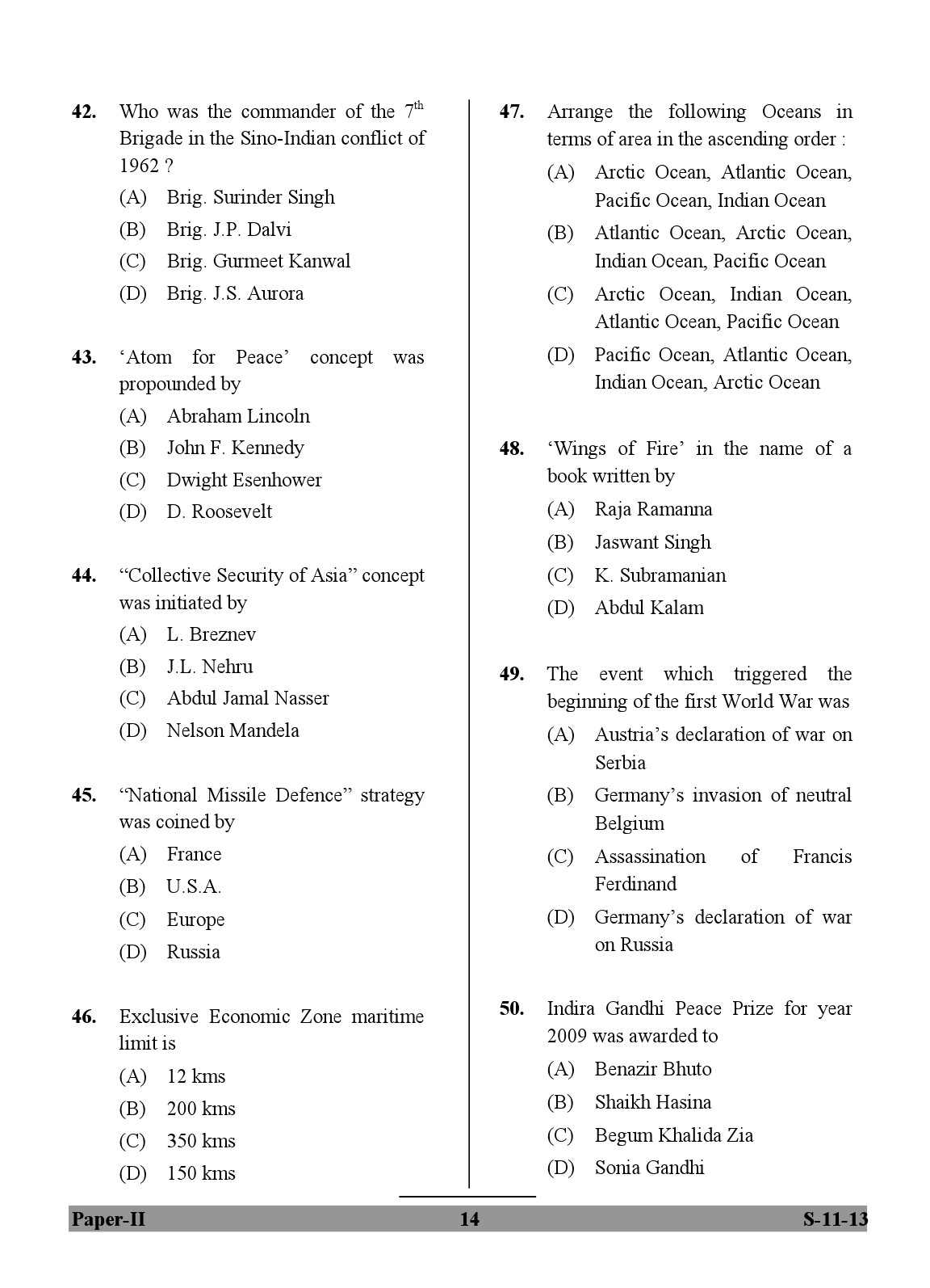 UGC NET Defence and Strategic Studies Question Paper II Exam September 2013 14