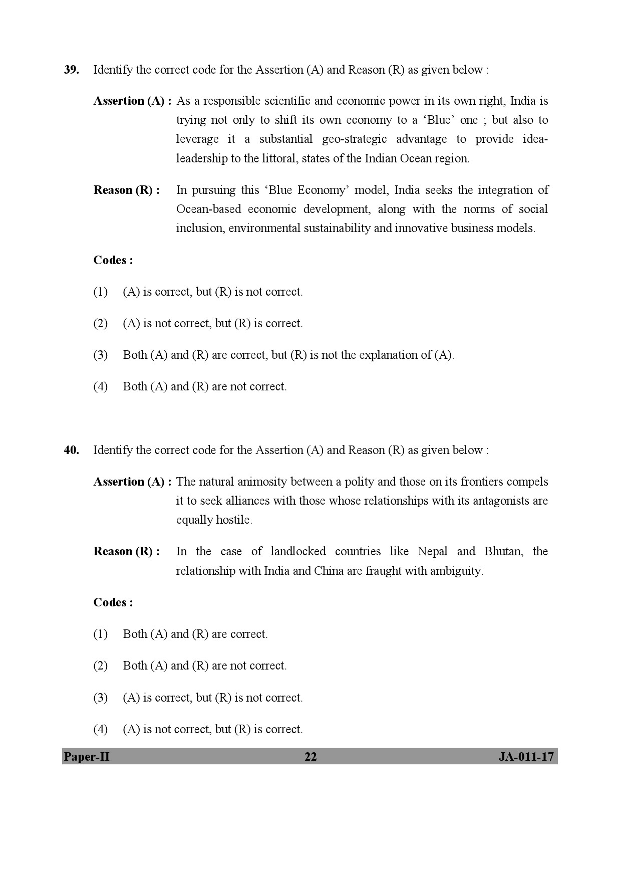 UGC NET Defence and Strategic Studies Question Paper II January 2017 22