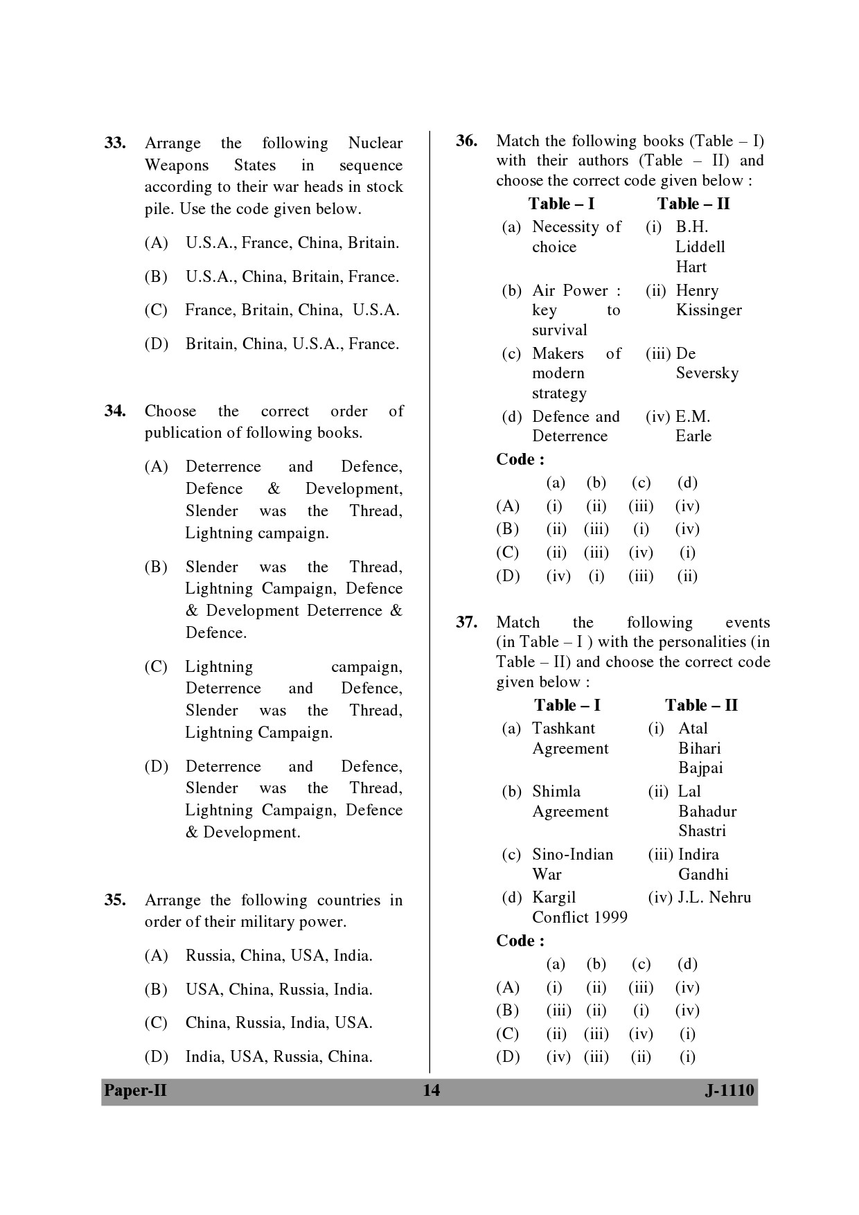 UGC NET Defence and Strategic Studies Question Paper II June 2010 14