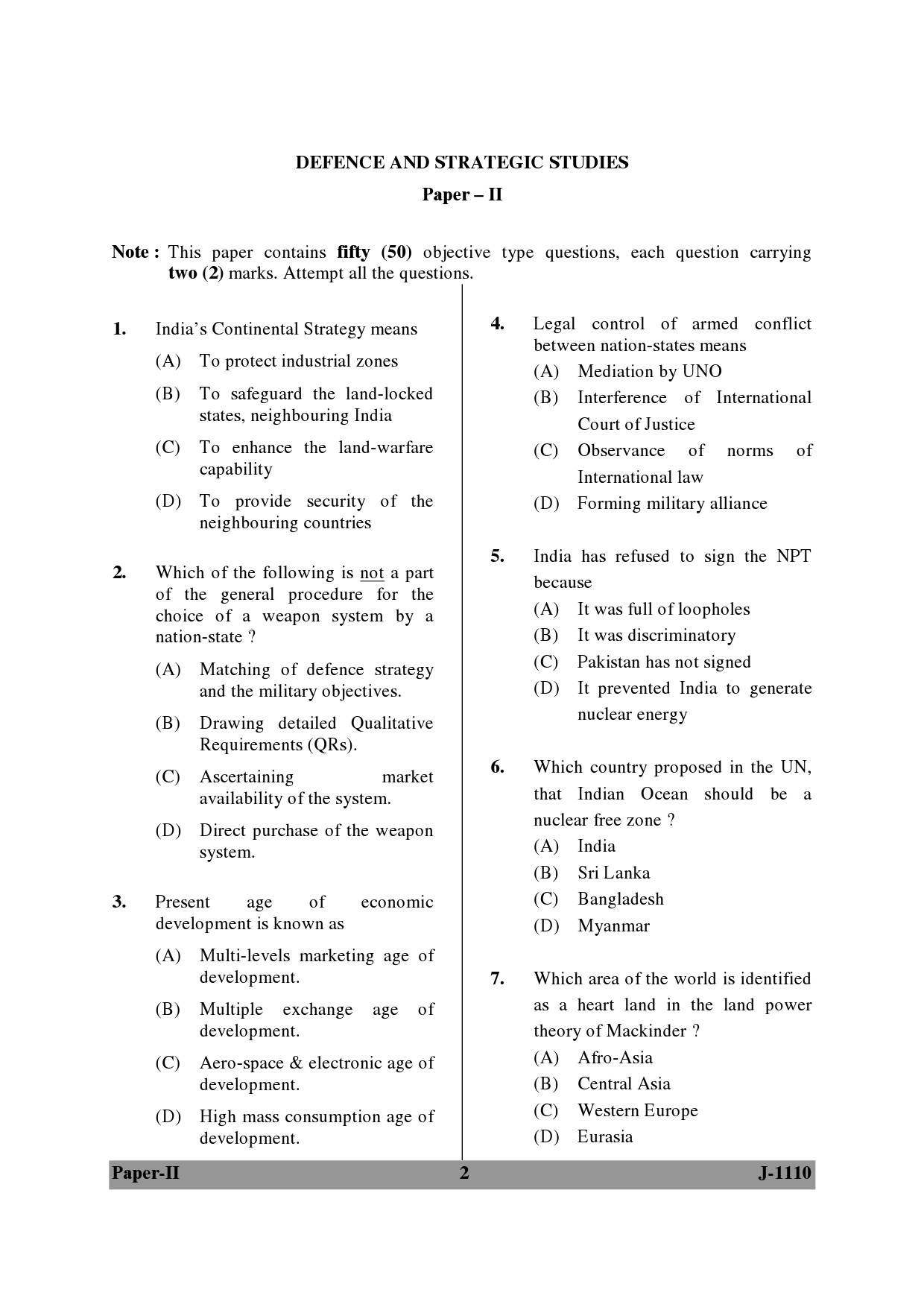 UGC NET Defence and Strategic Studies Question Paper II June 2010 2