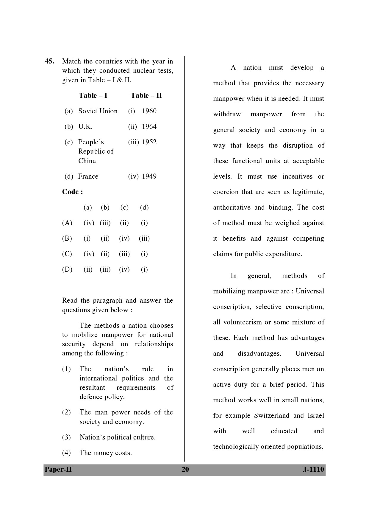 UGC NET Defence and Strategic Studies Question Paper II June 2010 20