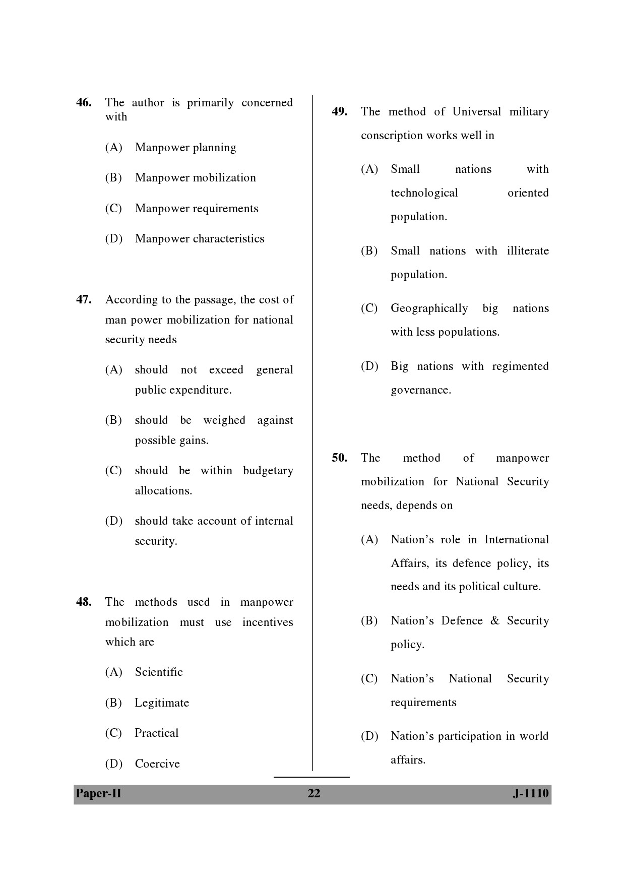 UGC NET Defence and Strategic Studies Question Paper II June 2010 22