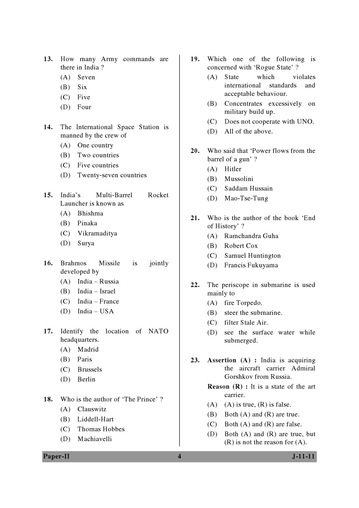 UGC NET Defence and Strategic Studies Question Paper II June 2011 4