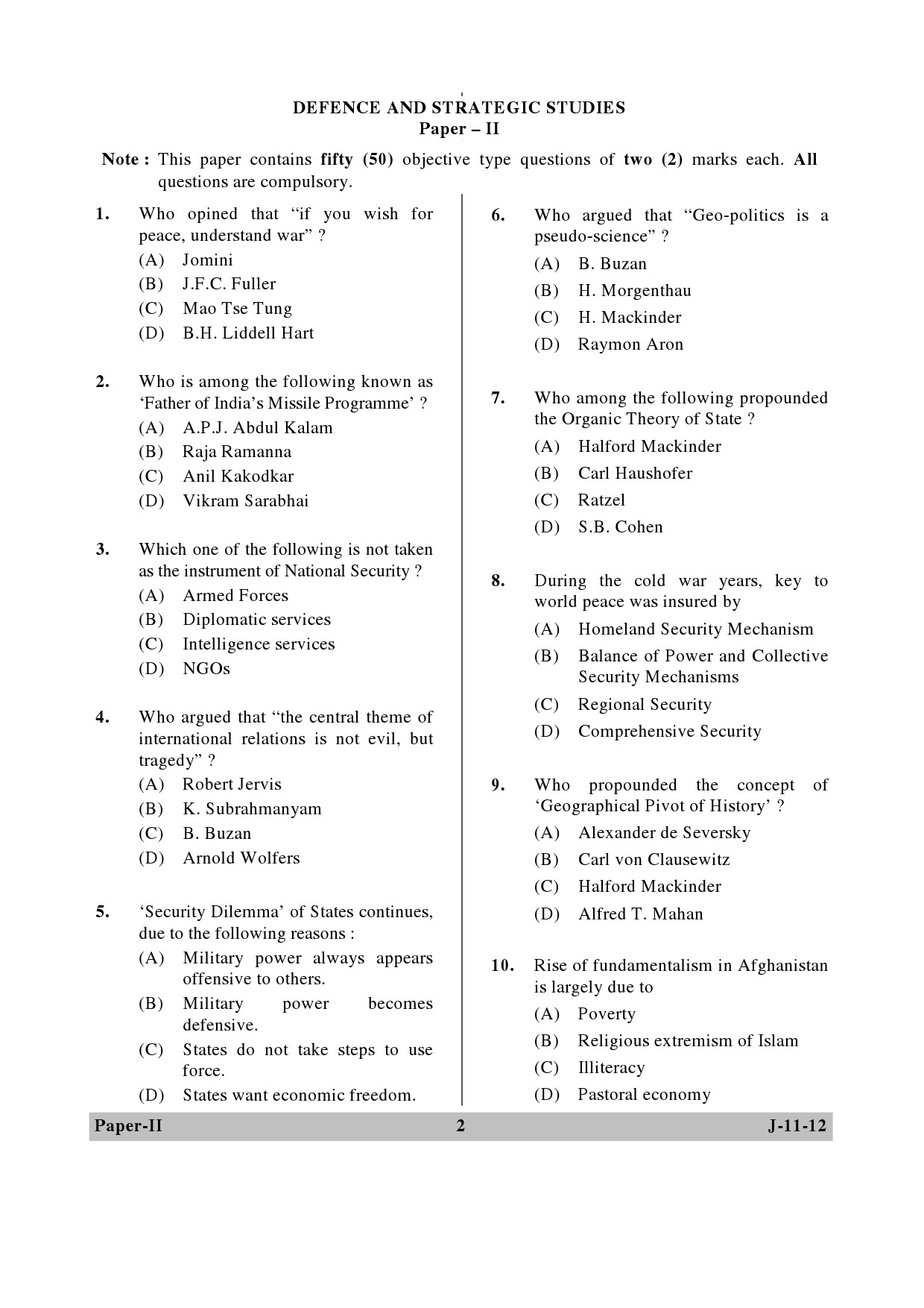 UGC NET Defence and Strategic Studies Question Paper II June 2012 2