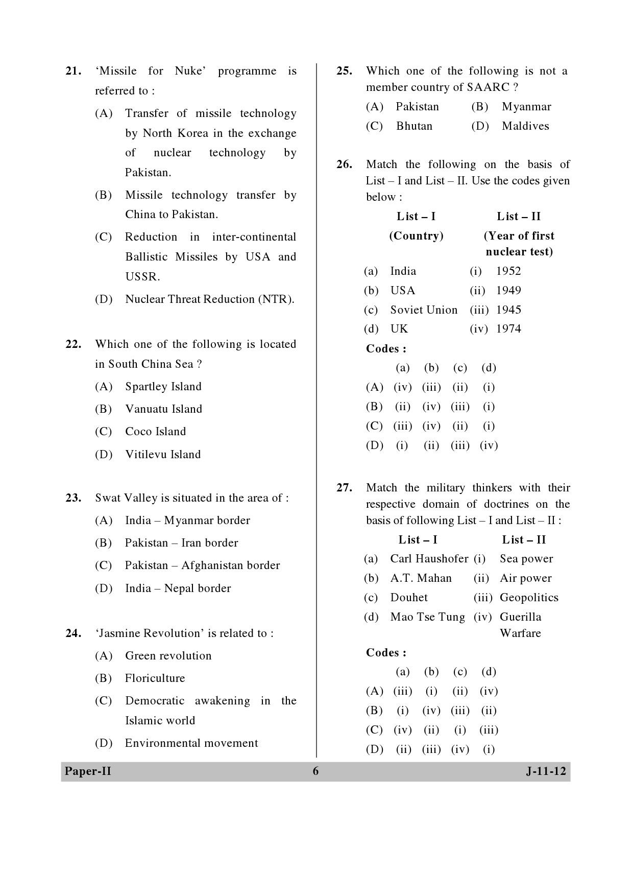 UGC NET Defence and Strategic Studies Question Paper II June 2012 6