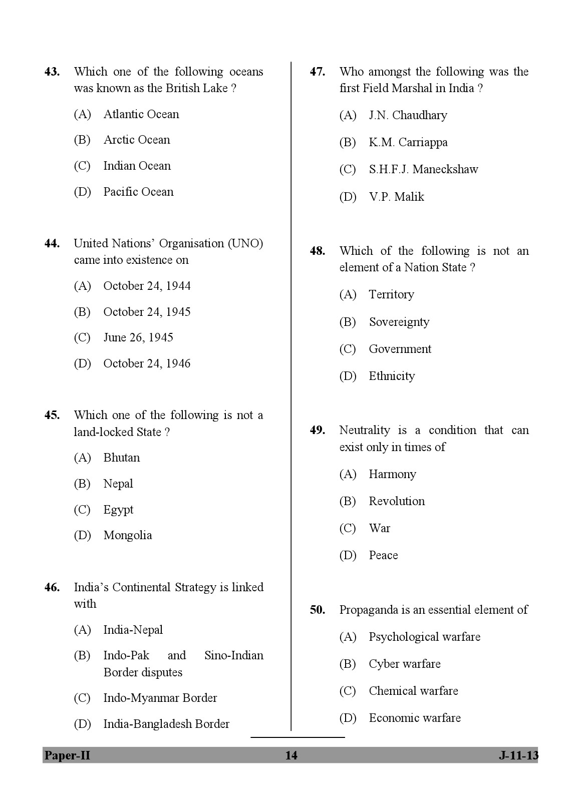 UGC NET Defence and Strategic Studies Question Paper II June 2013 14