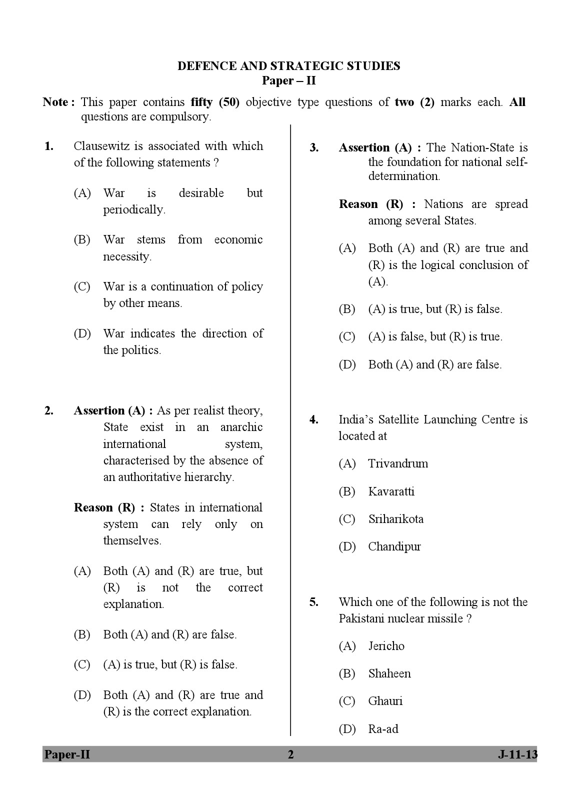 UGC NET Defence and Strategic Studies Question Paper II June 2013 2