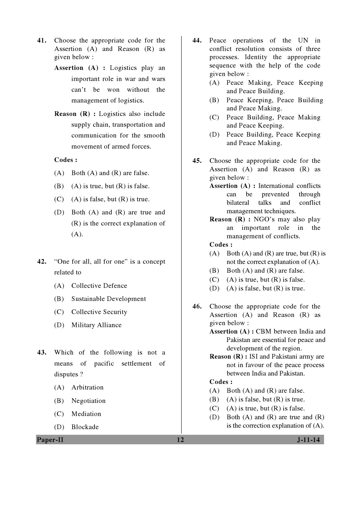 UGC NET Defence and Strategic Studies Question Paper II June 2014 12