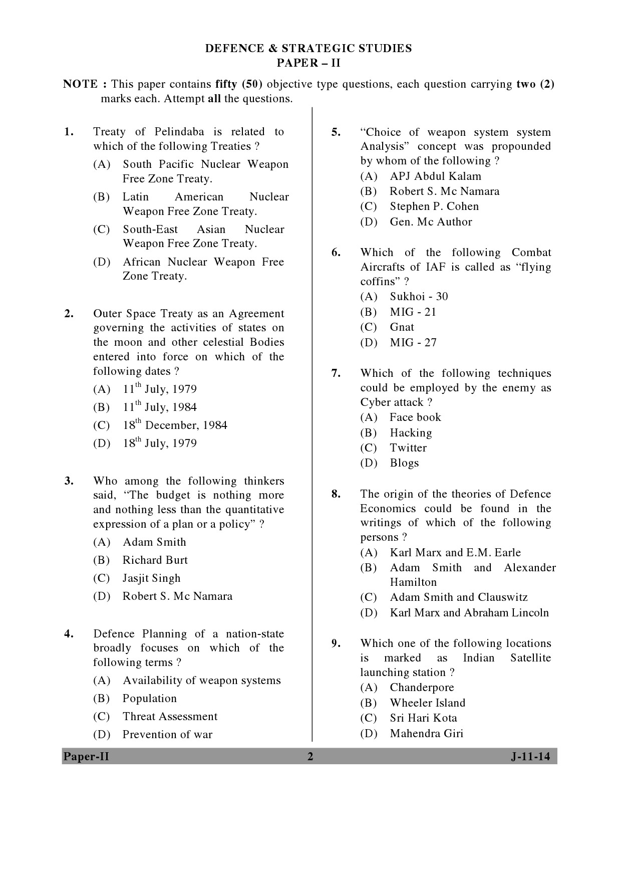 UGC NET Defence and Strategic Studies Question Paper II June 2014 2