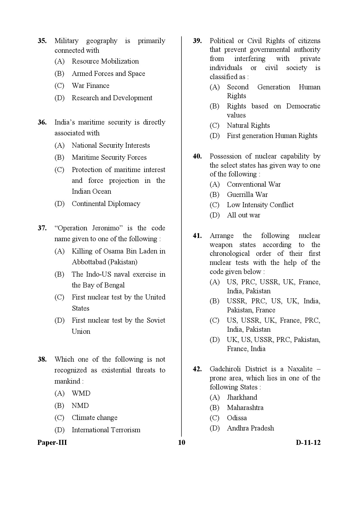 UGC NET Defence and Strategic Studies Question Paper III December 2012 10