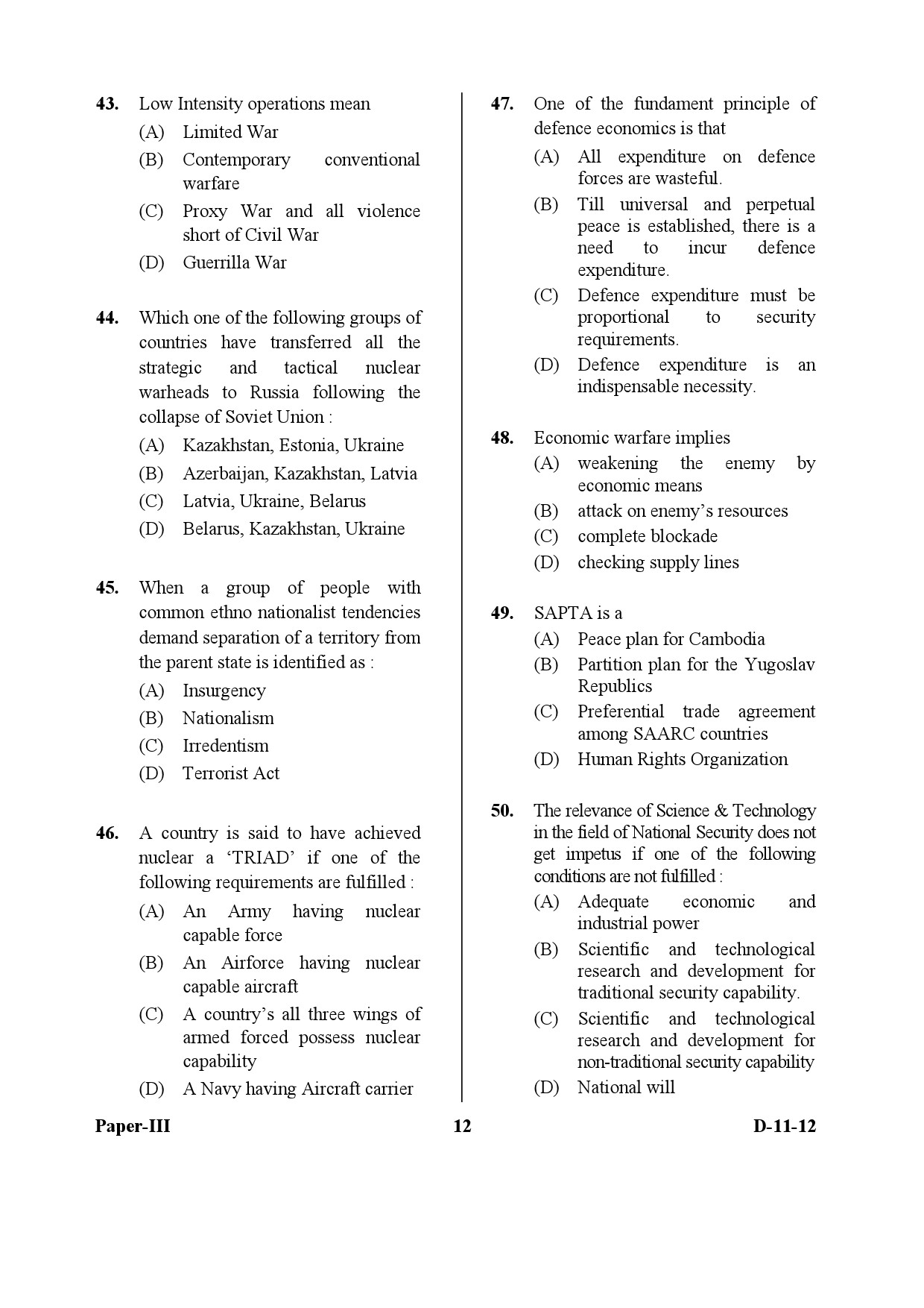 UGC NET Defence and Strategic Studies Question Paper III December 2012 12