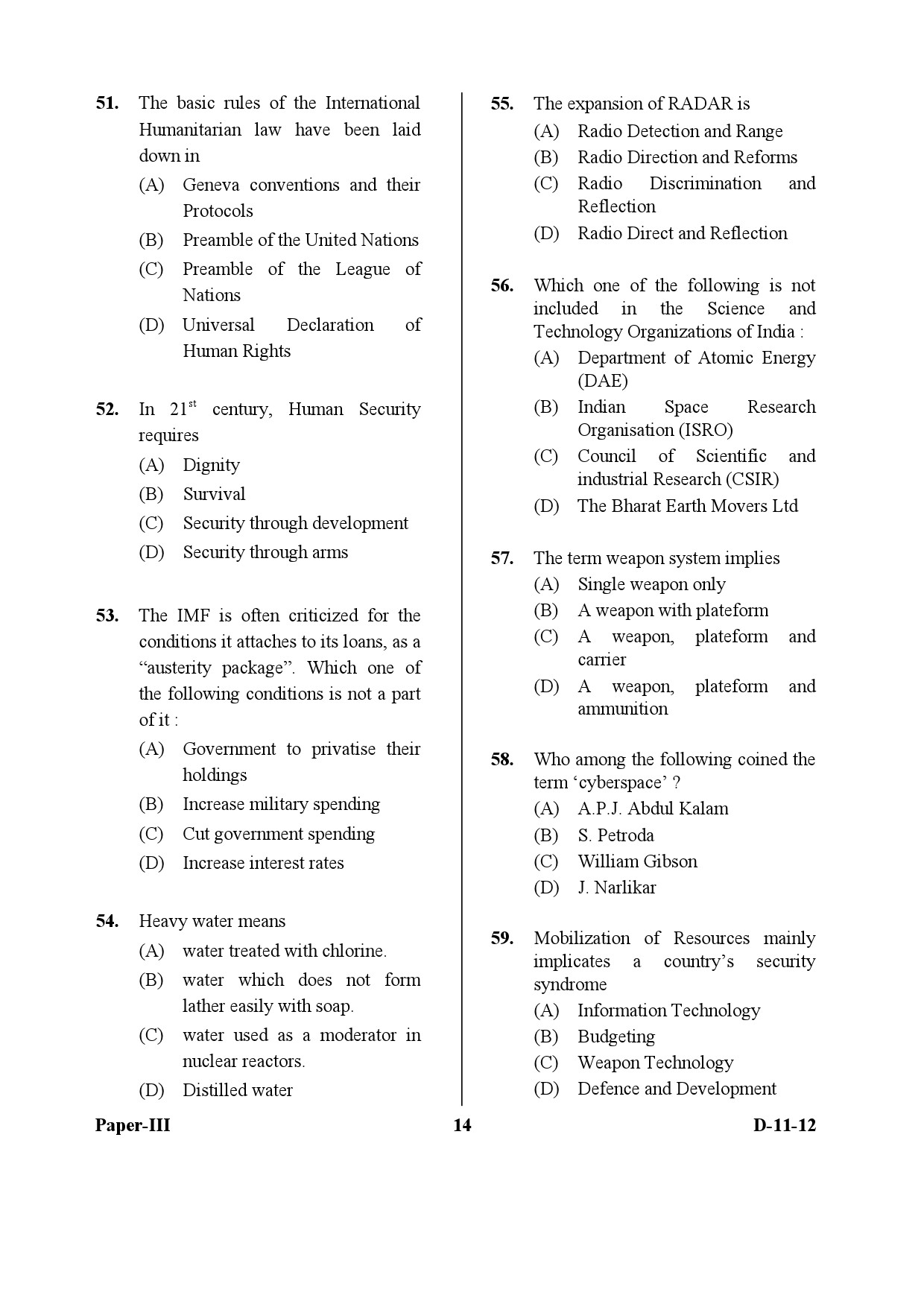 UGC NET Defence and Strategic Studies Question Paper III December 2012 14