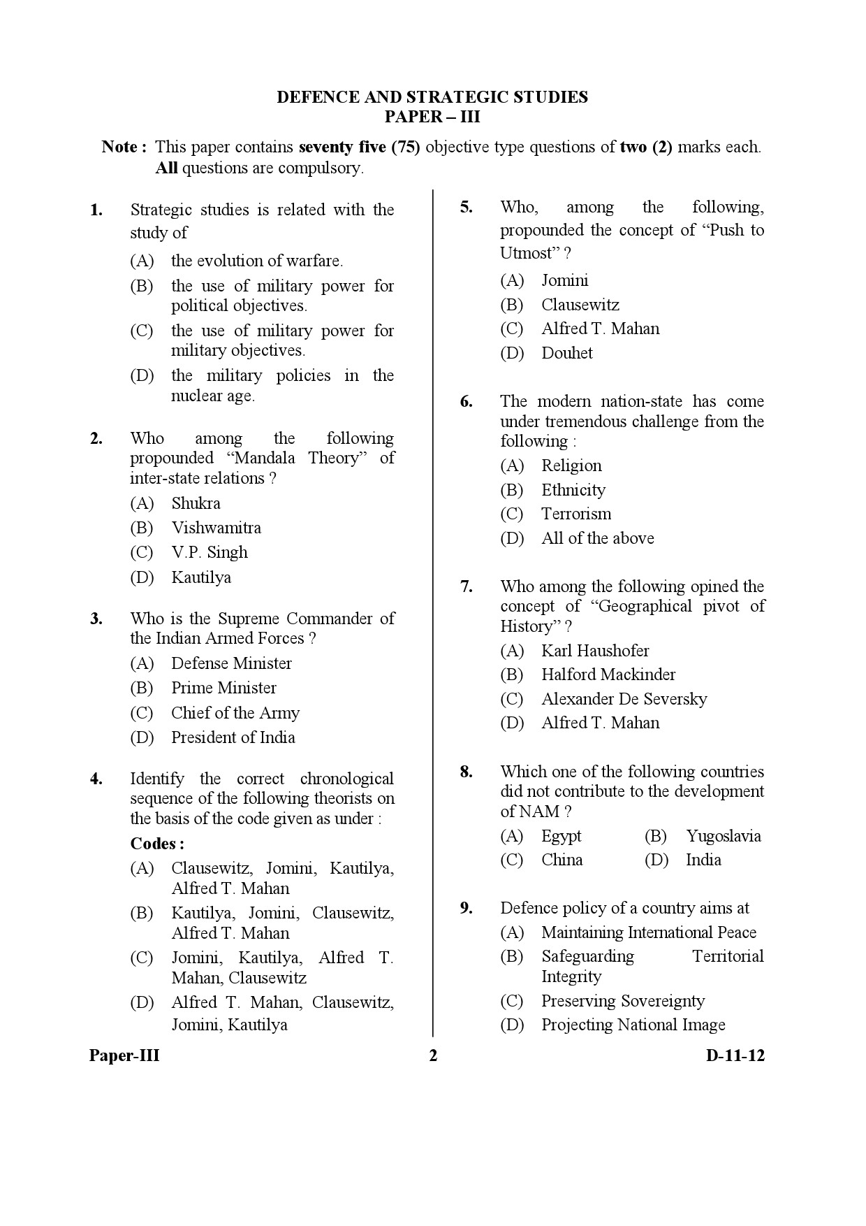 UGC NET Defence and Strategic Studies Question Paper III December 2012 2