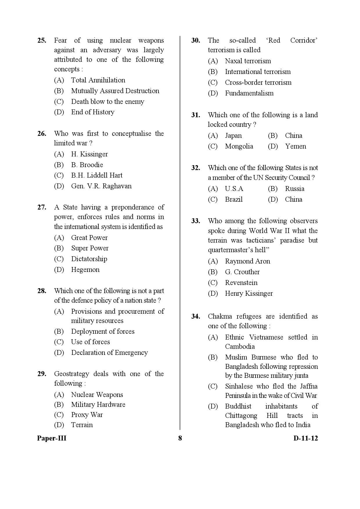 UGC NET Defence and Strategic Studies Question Paper III December 2012 8